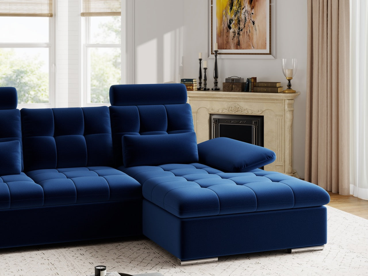 Colțar extensibil dumonde cu ladă de depozitare și șezut confortabil din spumă HR, Merkur Royal Albastru Navy 270x168 cm II