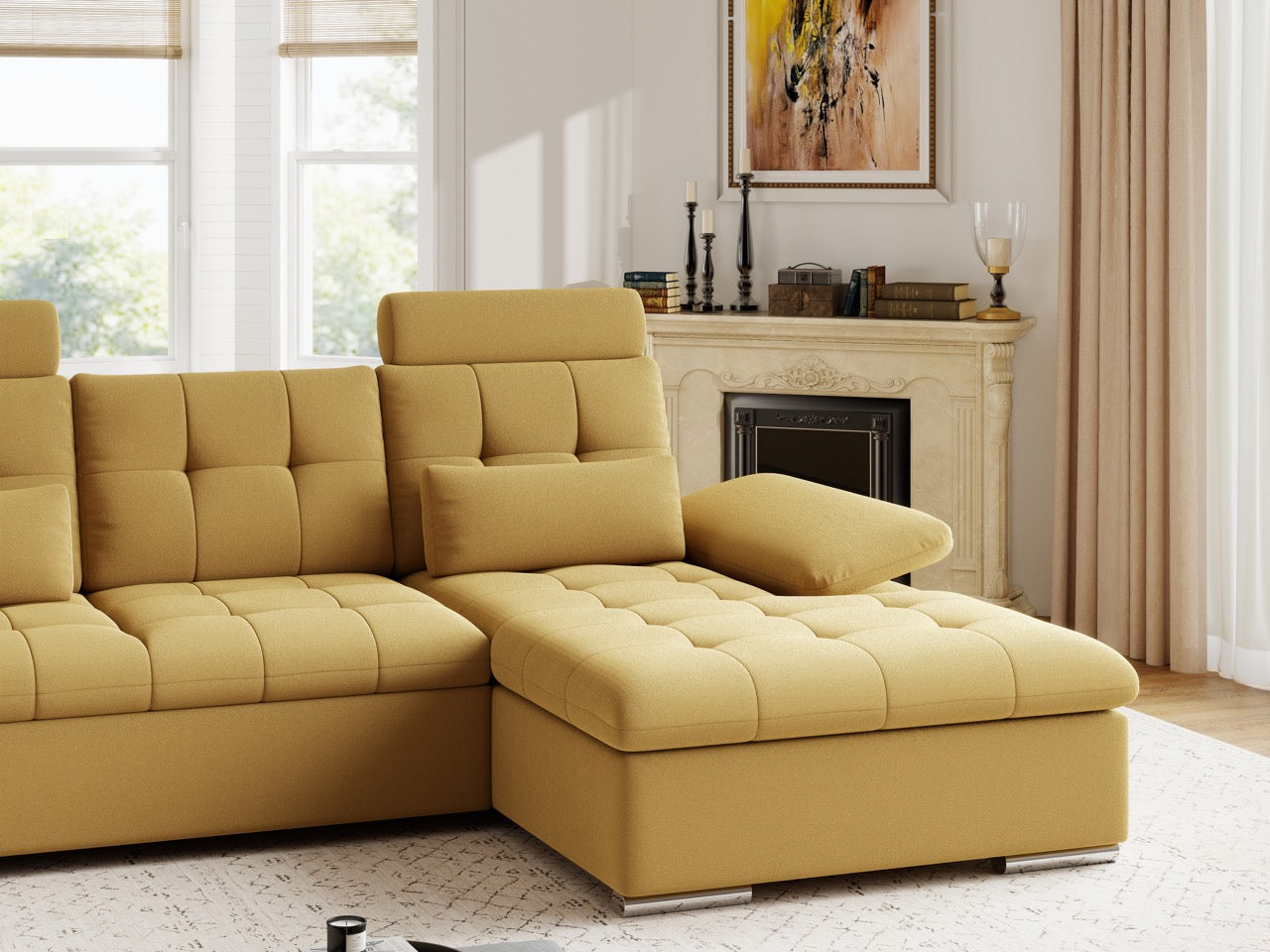 Colțar extensibil dumonde cu ladă de depozitare și șezut confortabil din spumă HR, Merkur Royal Mustar 270x168 cm II