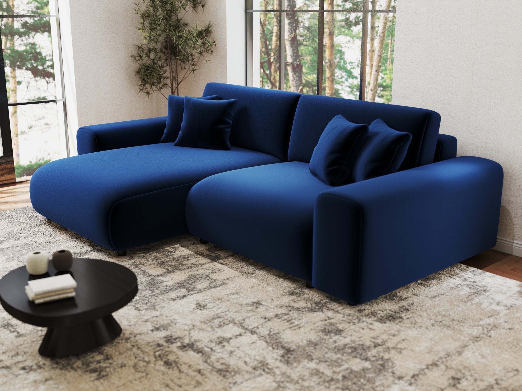 Colțar extensibil dumonde cu ladă de depozitare si sezut confortabil din spuma HR, Sarina Royal Albastru Navy 255x168 cm