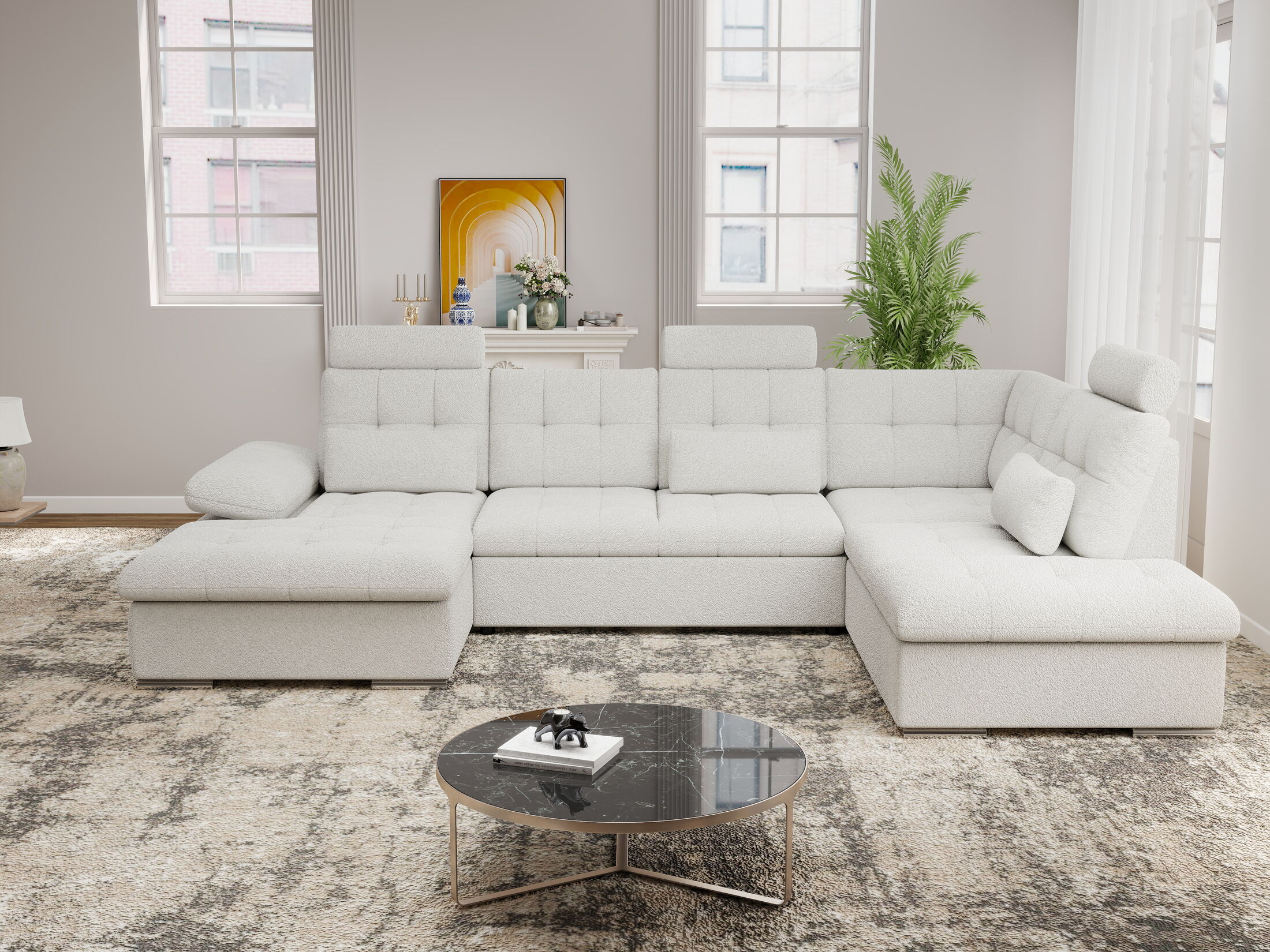 Colțar extensibil dumonde cu ladă de depozitare și șezut confortabil din spumă HR, Merkur U Euphoria Alb 324x218 cm