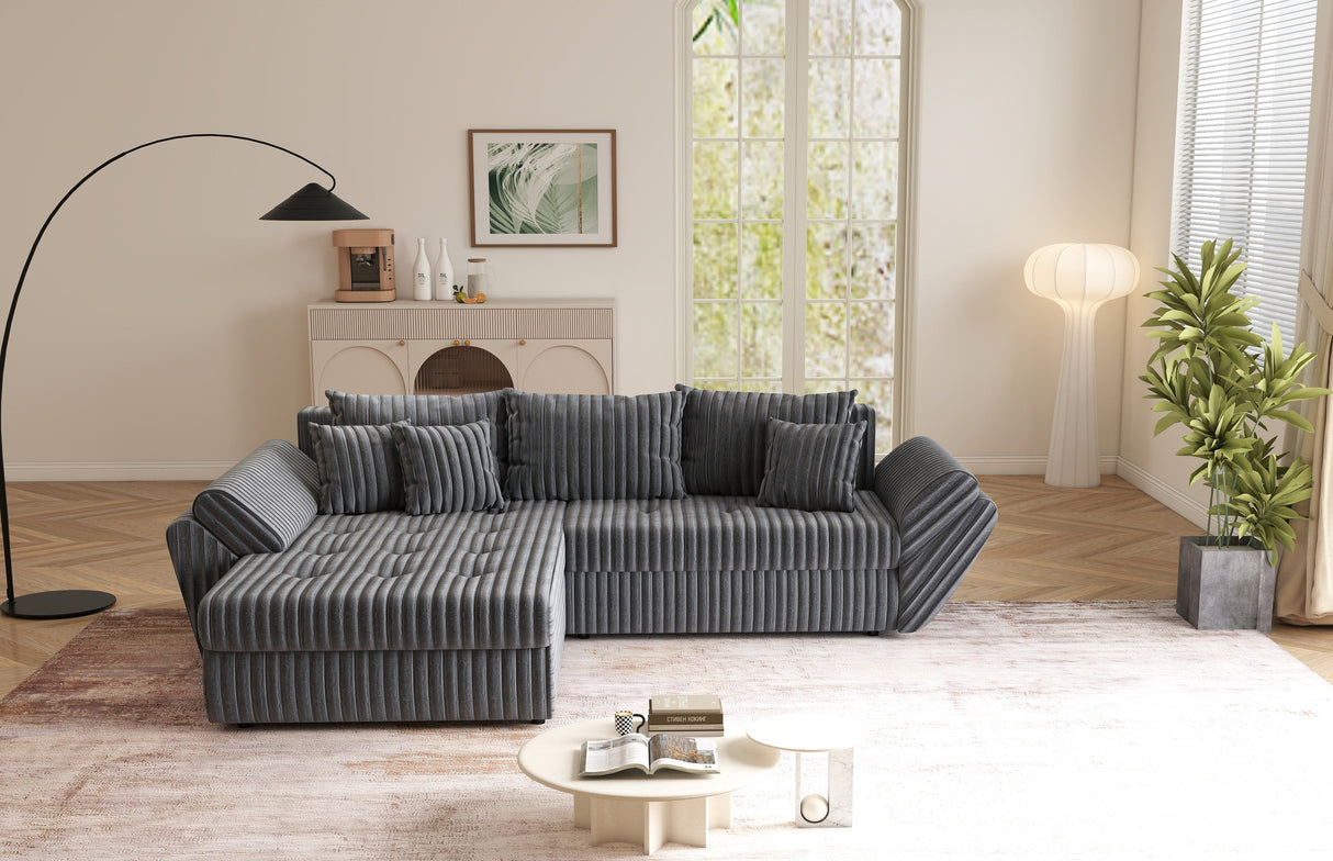 Colțar extensibil dumonde cu ladă de depozitare si sezut confortabil din spuma HR, Loana Gri Ambience 270x185 cm Fabrica
