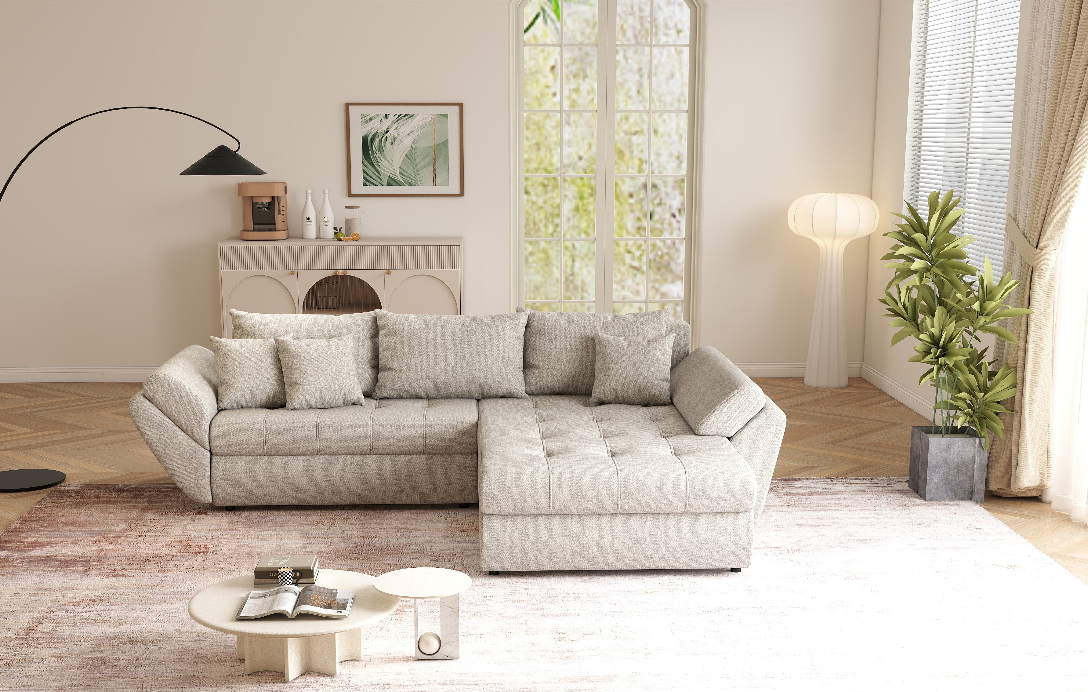Colțar extensibil dumonde cu ladă de depozitare si sezut confortabil din spuma HR, Loana Bej II 270x185 cm Fabrica