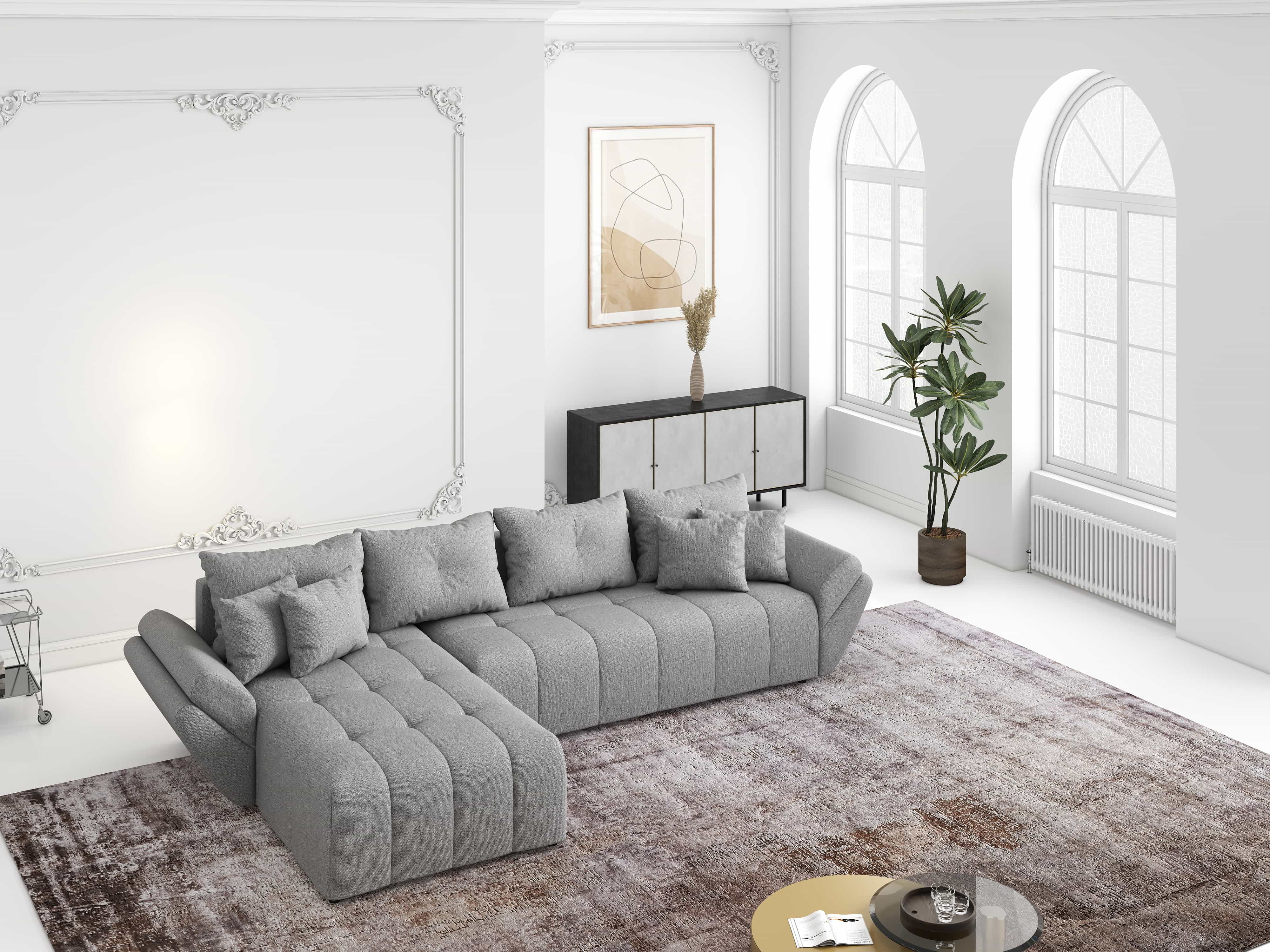 Colțar extensibil dumonde cu ladă de depozitare si sezut confortabil din spuma HR, Berlin XL Enjoy Lux Grey 350x185 cm Fabrica