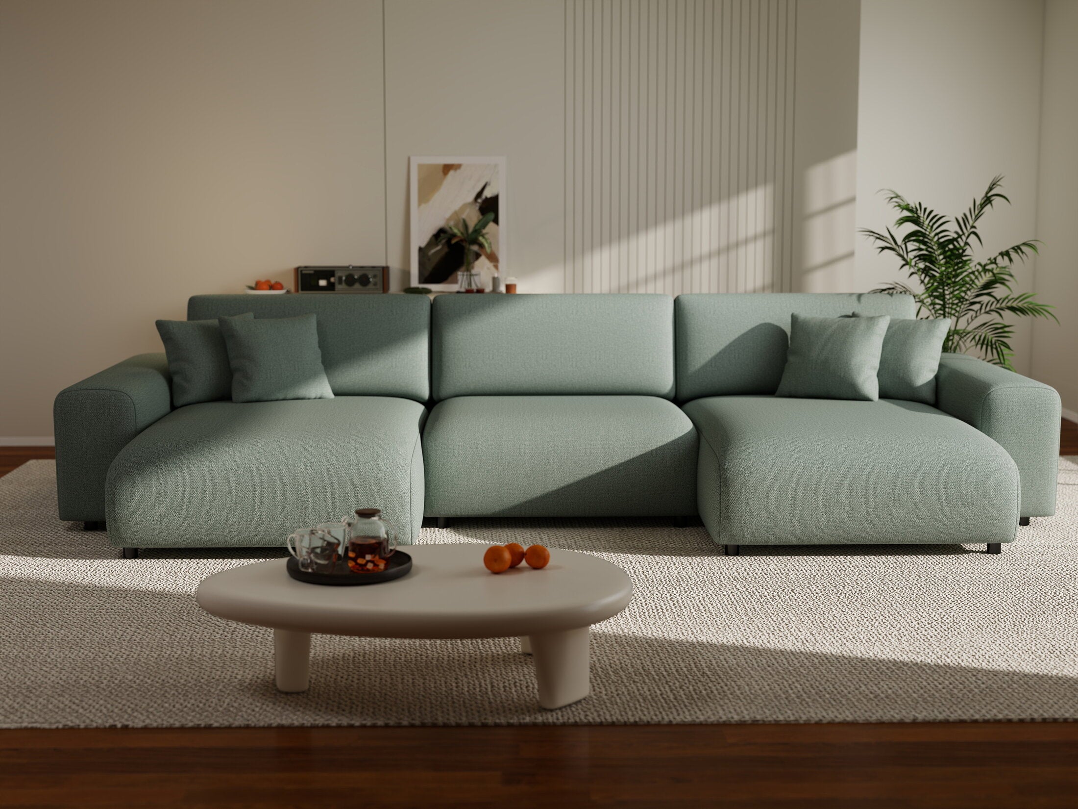 Colțar extensibil dumonde cu ladă de depozitare si sezut confortabil din spuma HR, Sarina U Enjoy Verde Mint 350x168 cm