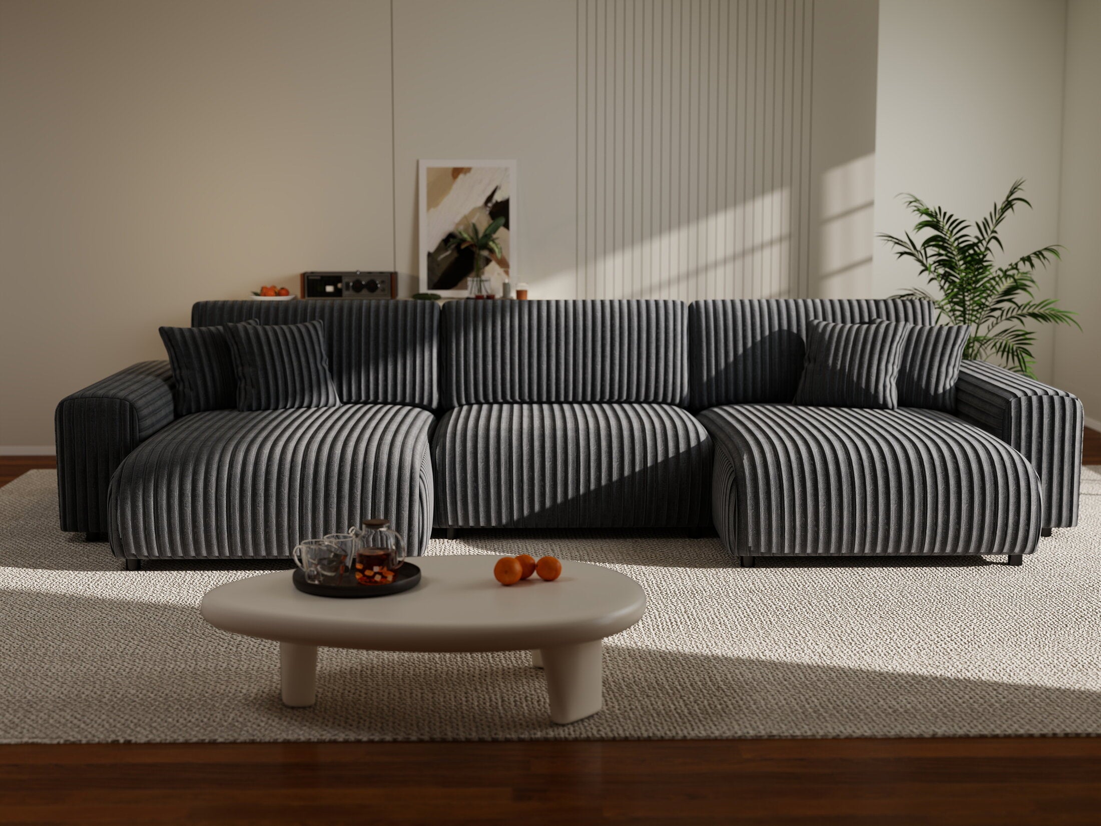 Colțar extensibil dumonde cu ladă de depozitare si sezut confortabil din spuma HR, Sarina U Ambience Gri 350x168 cm