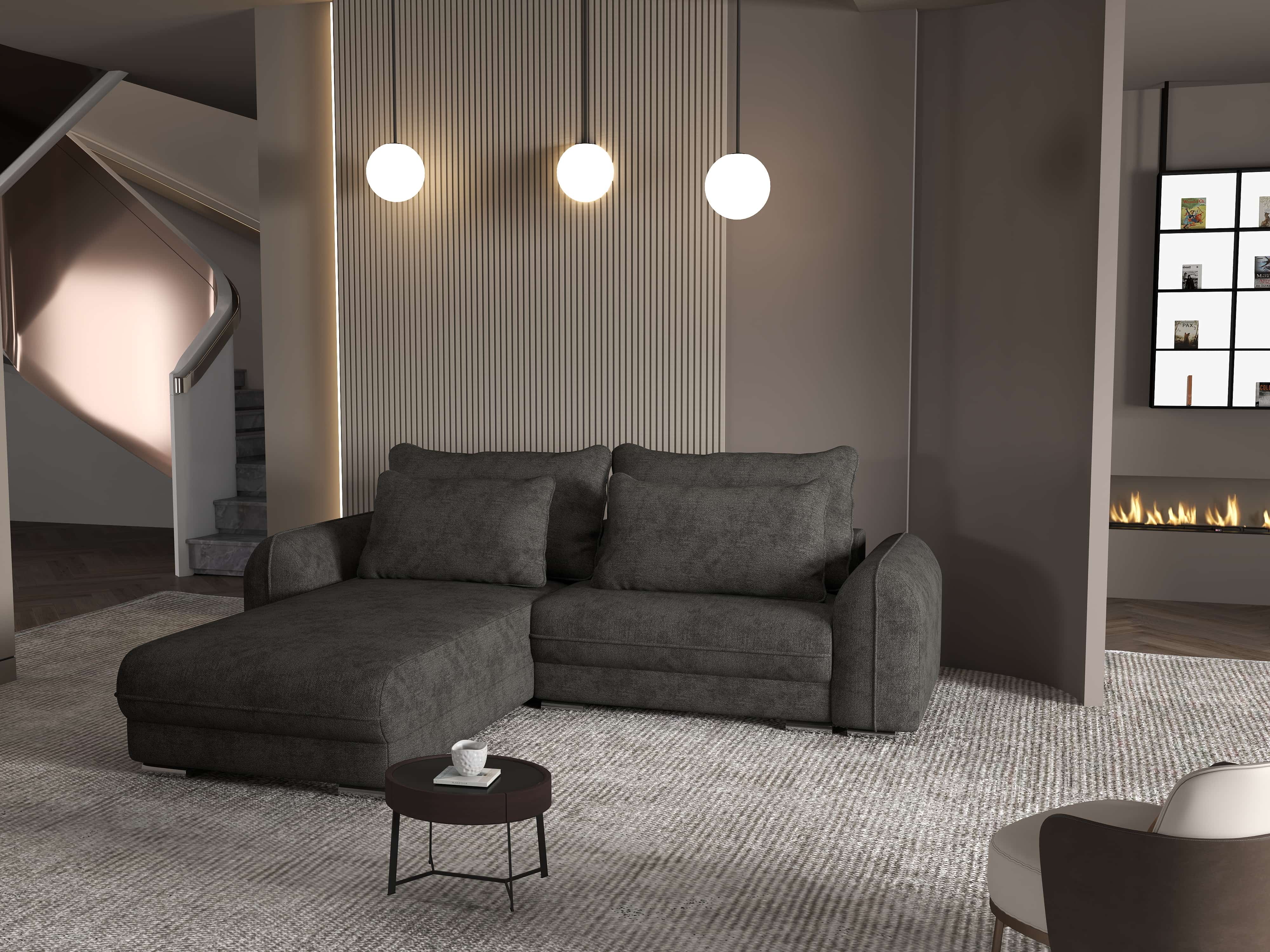Colțar extensibil dumonde cu ladă de depozitare si sezut confortabil din spuma HR, Denver Enjoy Negru 275x185 cm Fabrica