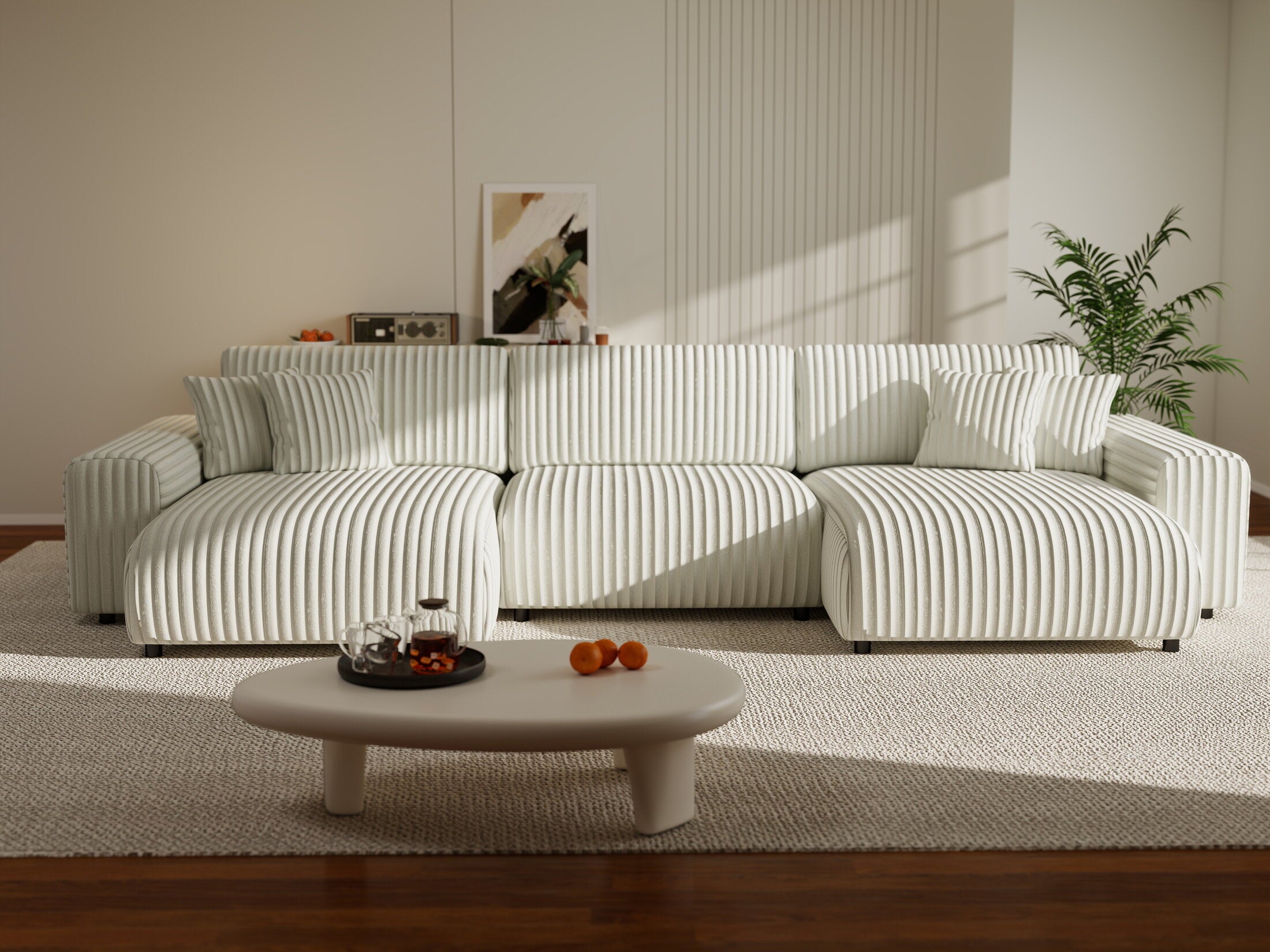 Colțar extensibil dumonde cu ladă de depozitare si sezut confortabil din spuma HR, Sarina U Ambience Alb 350x168 cm