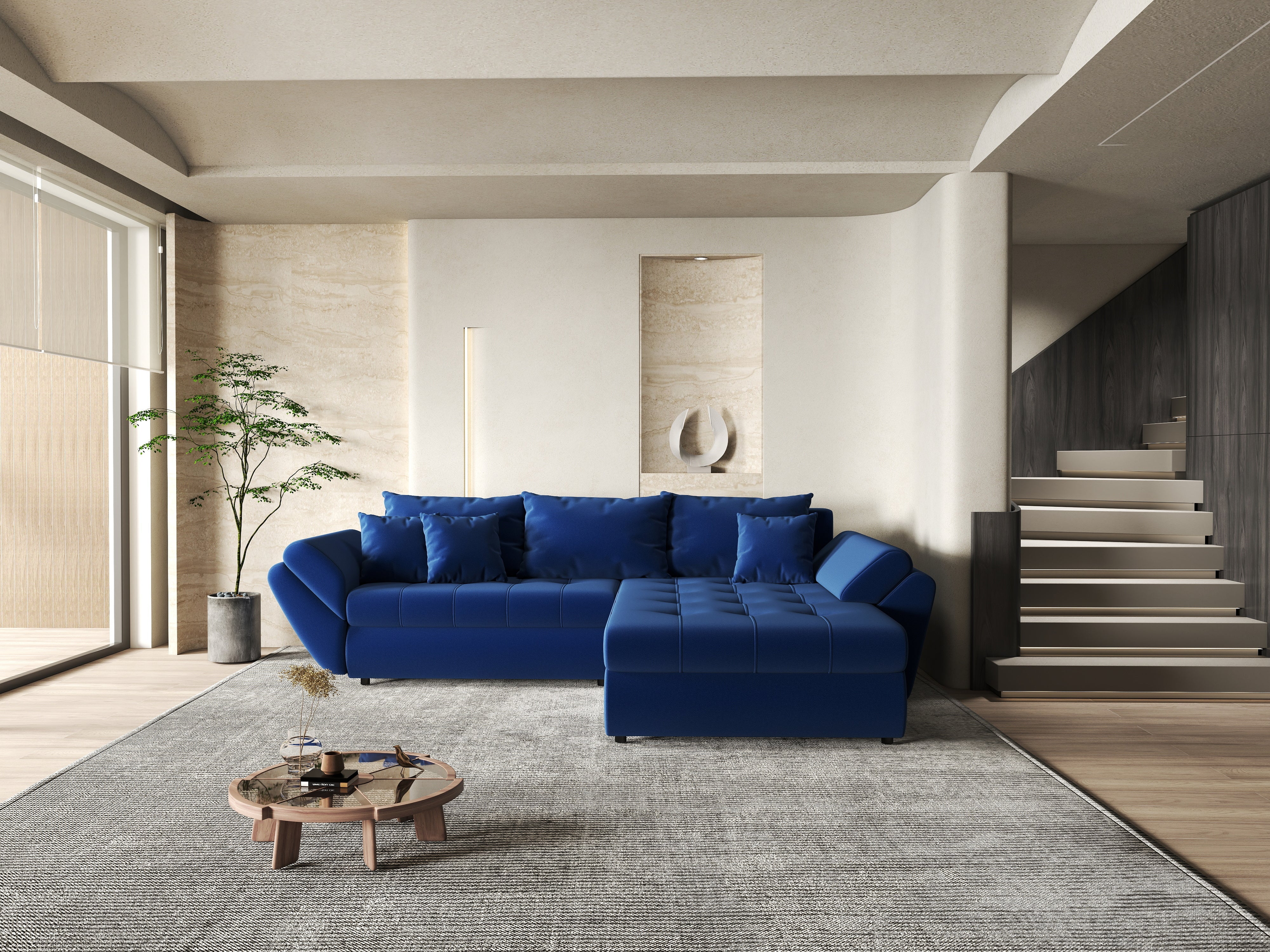 Colțar extensibil dumonde cu ladă de depozitare si sezut confortabil din spuma HR, Loana Royal Blue II 270x185 cm Fabrica