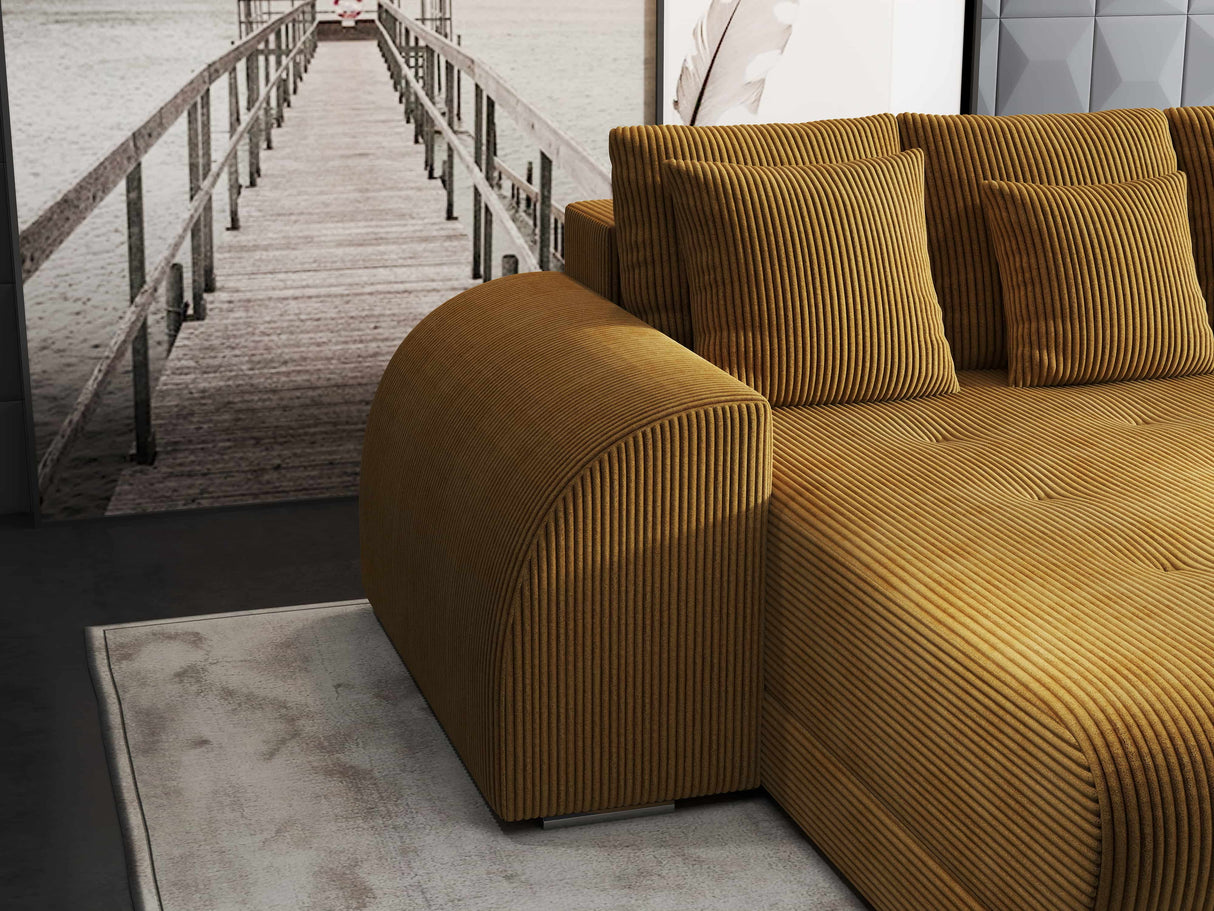 Colțar extensibil dumonde cu ladă de depozitare si sezut confortabil din spuma HR, Verona Zoom Mustar 290x185 cm Fabrica