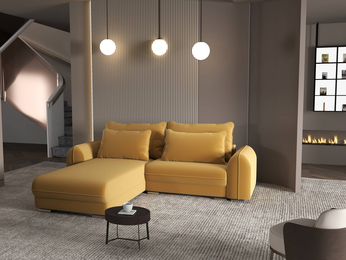 Colțar extensibil dumonde cu ladă de depozitare si sezut confortabil din spuma HR, Denver Royal Mustar 275x185 cm Fabrica