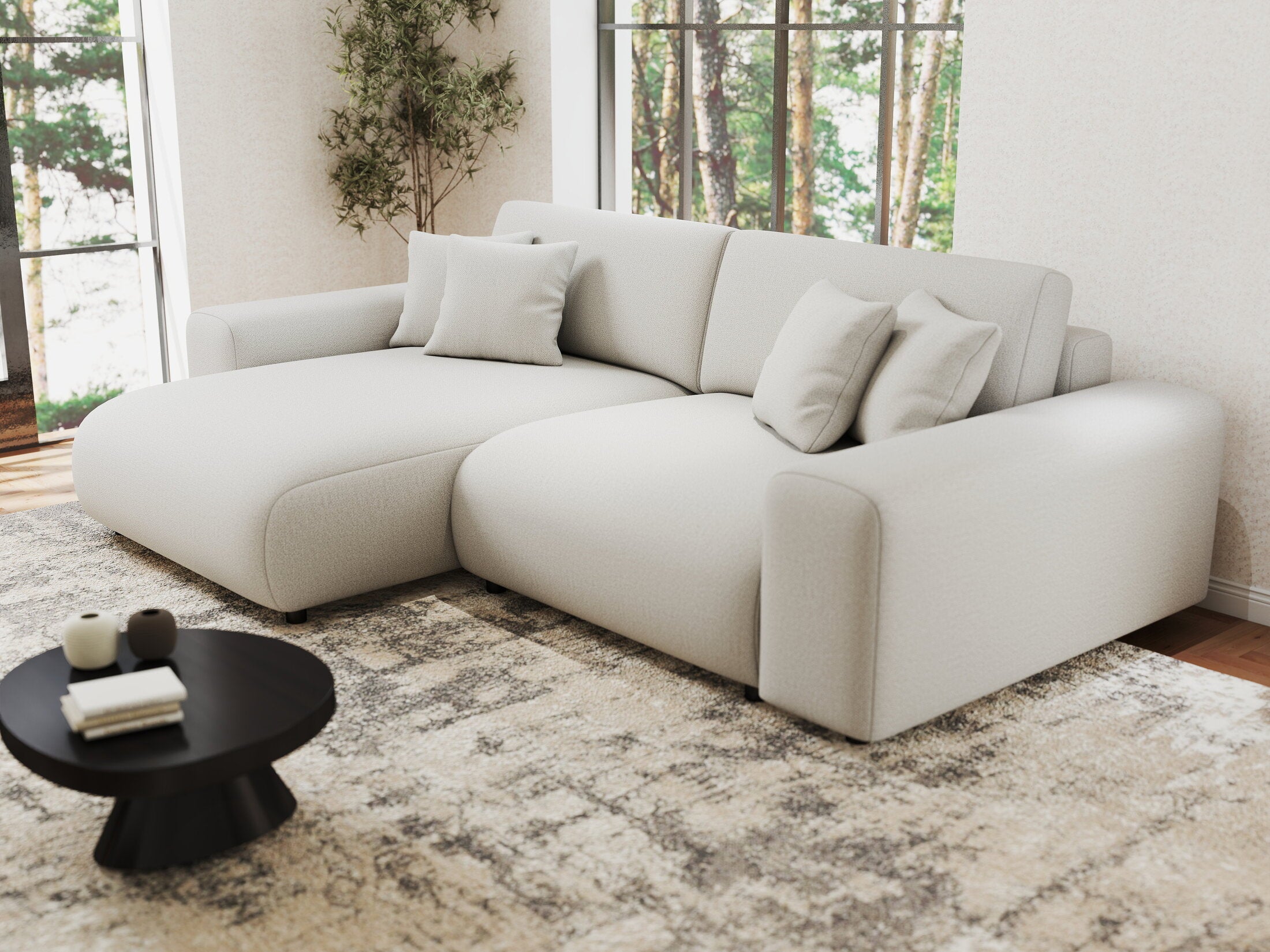 Colțar extensibil dumonde cu ladă de depozitare si sezut confortabil din spuma HR, Sarina Enjoy Bej 255x168 cm