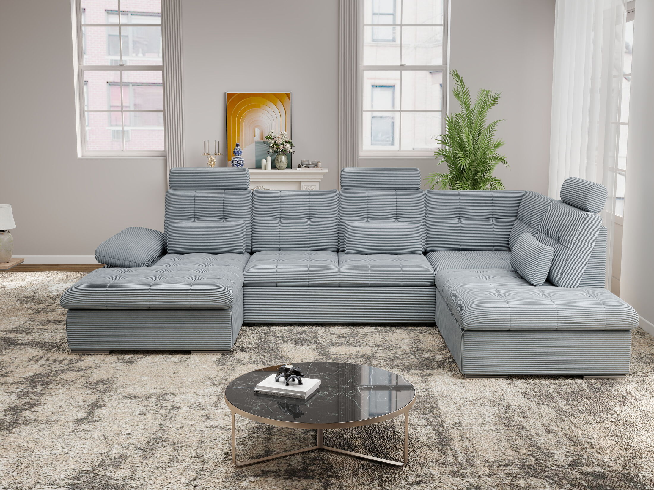 Colțar extensibil dumonde cu ladă de depozitare și șezut confortabil din spumă HR, Merkur U Zoom Gri Mint 324x218 cm