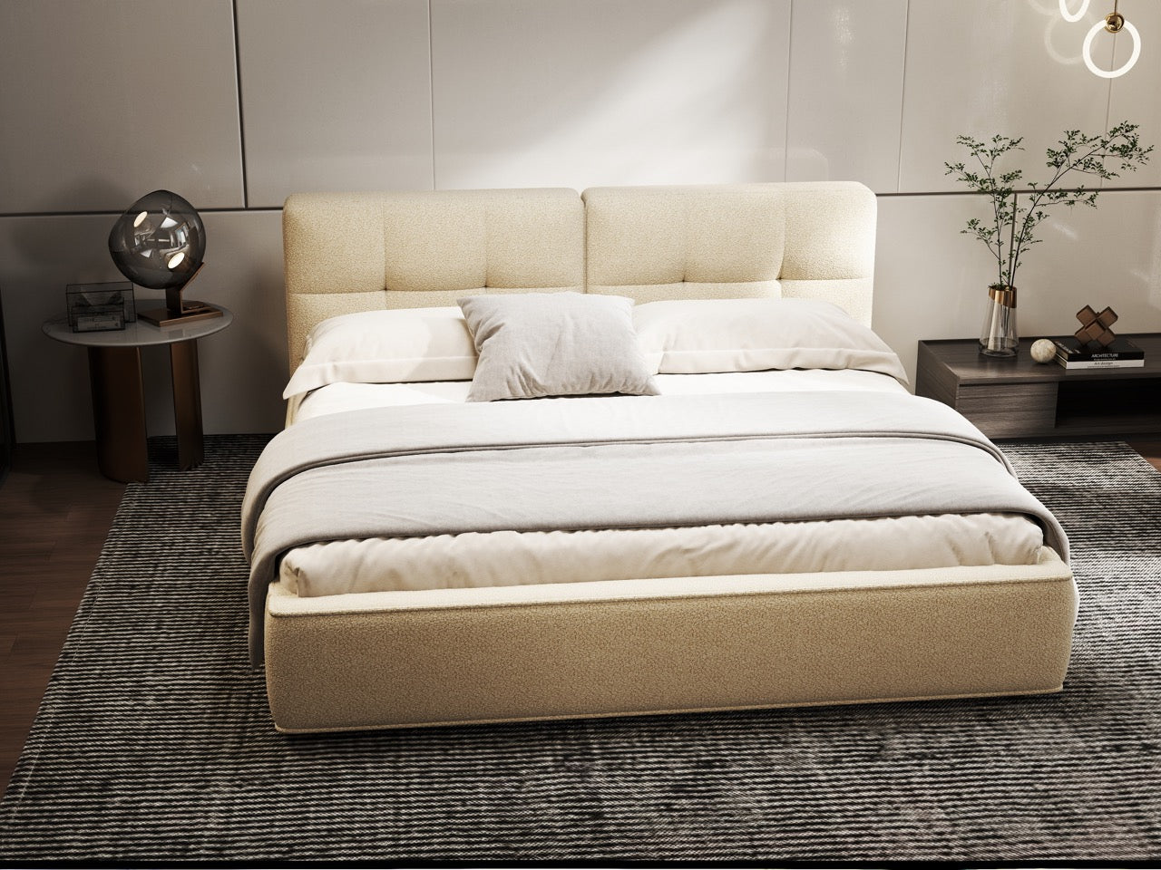 Pat dormitor dumonde, tapitat bej, Madrid 160x200 cm, somiera rabatabila inclusa, spatiu depozitare WLS