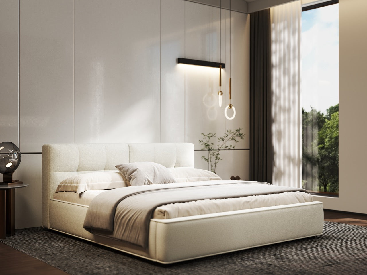 Pat dormitor dumonde, tapitat alb, Madrid 160x200 cm, somiera rabatabila inclusa, spatiu depozitare WLS