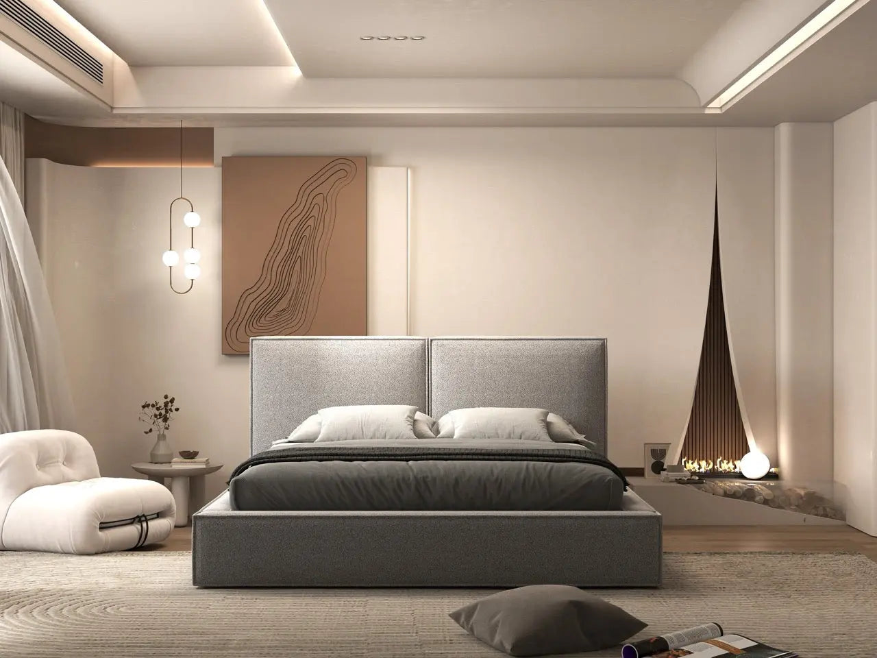 Pat dormitor dumonde, tapitat gri, Dreamer 160x200 cm, somiera rabatabila inclusa, spatiu depozitare WLS