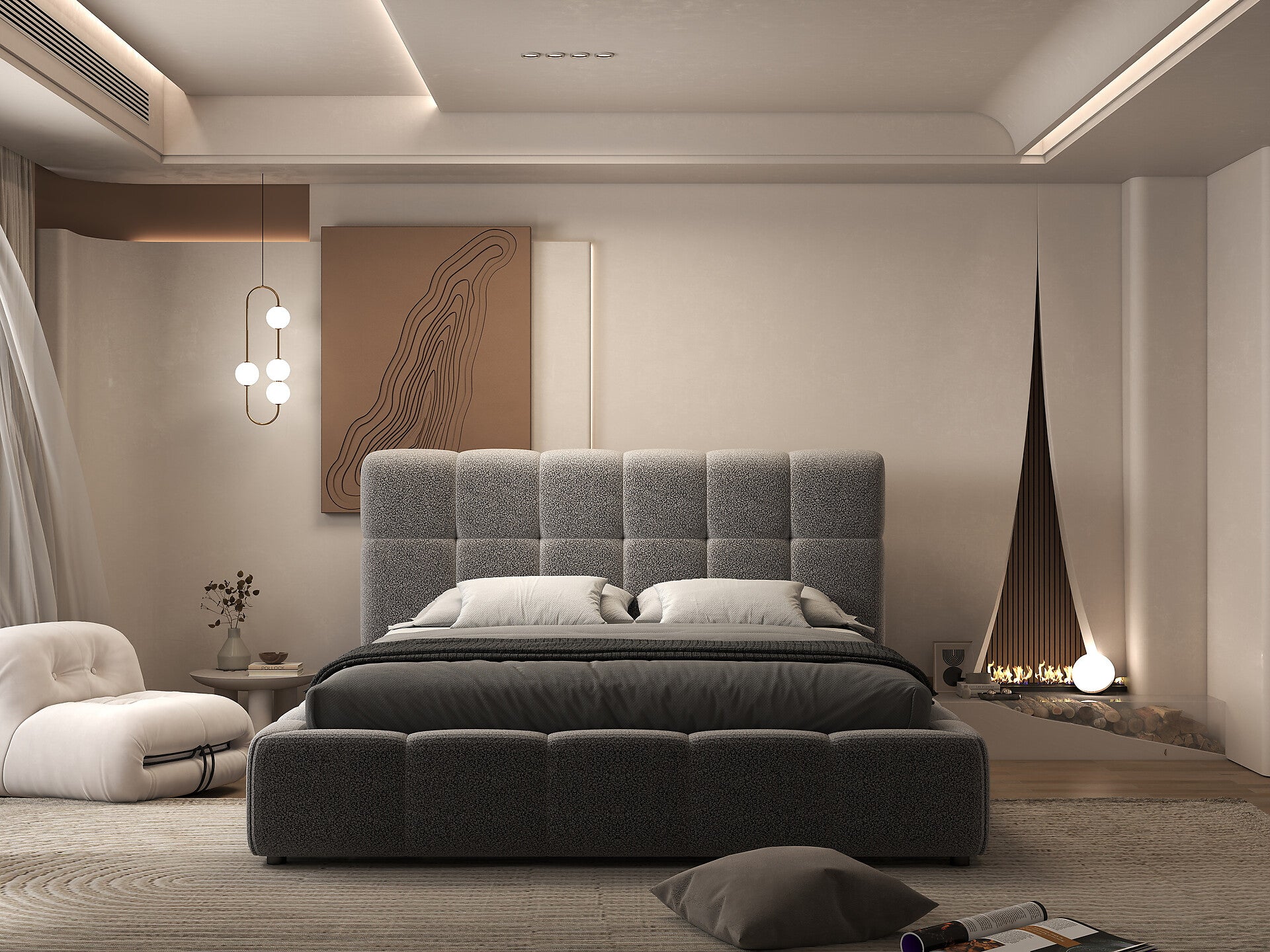 Pat dormitor dumonde, tapitat alb, Lorenzo 160x200 cm, somiera rabatabila inclusa, spatiu depozitare