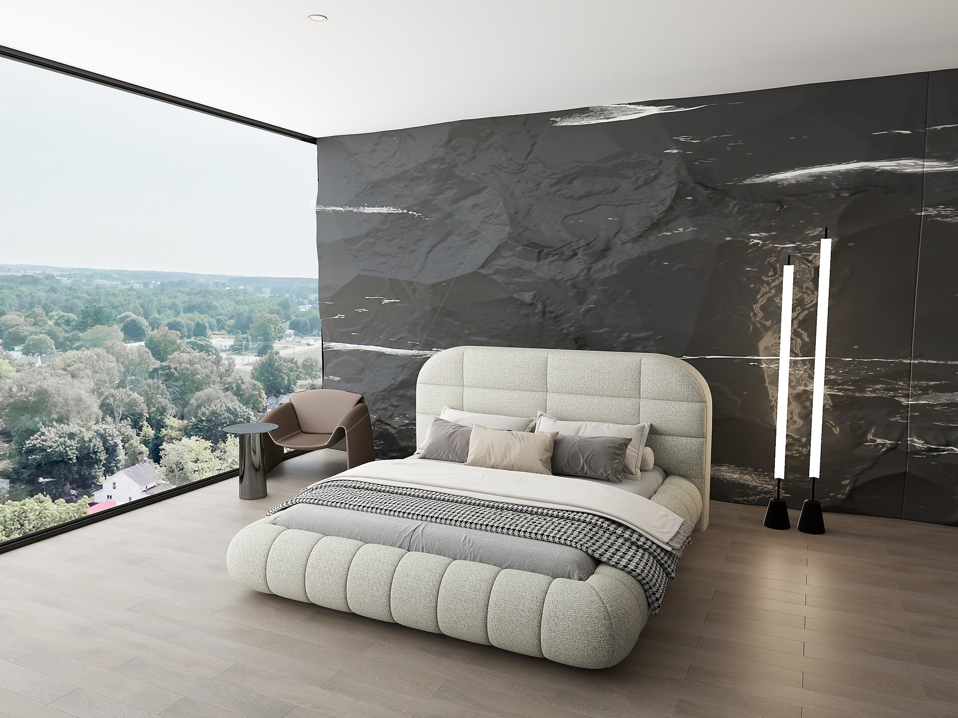 Pat dormitor dumonde, tapitat bej, Senso 180x200 cm, somiera rabatabila inclusa, spatiu depozitare