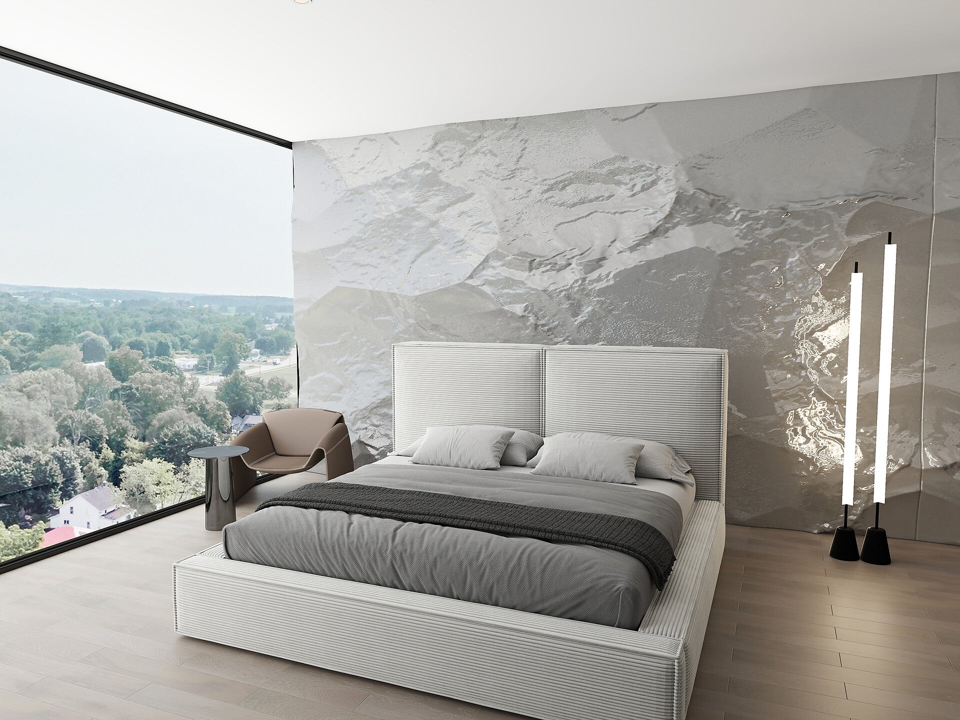 Pat dormitor dumonde, tapitat bej, Dreamer 160x200 cm, somiera rabatabila inclusa, spatiu depozitare