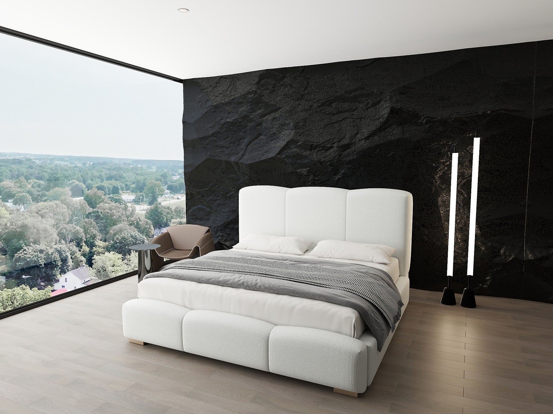 Pat dormitor dumonde, tapitat alb, Havana 180x200 cm, somiera rabatabila inclusa, spatiu depozitare