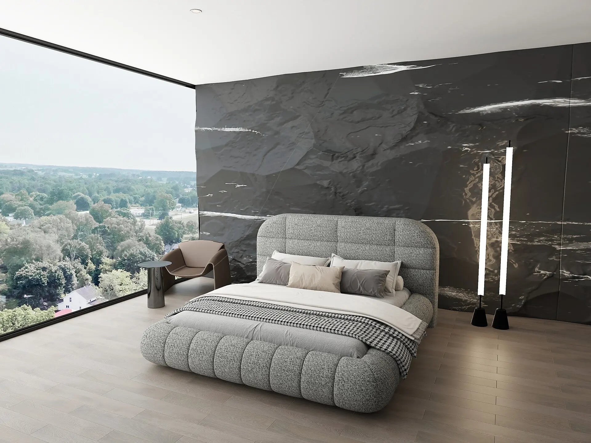 Pat dormitor dumonde, tapitat gri, Senso 180x200 cm, somiera rabatabila inclusa, spatiu depozitare WLS