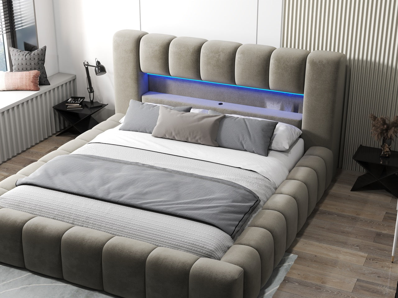 Pat dormitor dumonde, tapitat bej cu LED si USB, Palermo 160x200 cm, somiera rabatabila inclusa, spatiu depozitare WLS