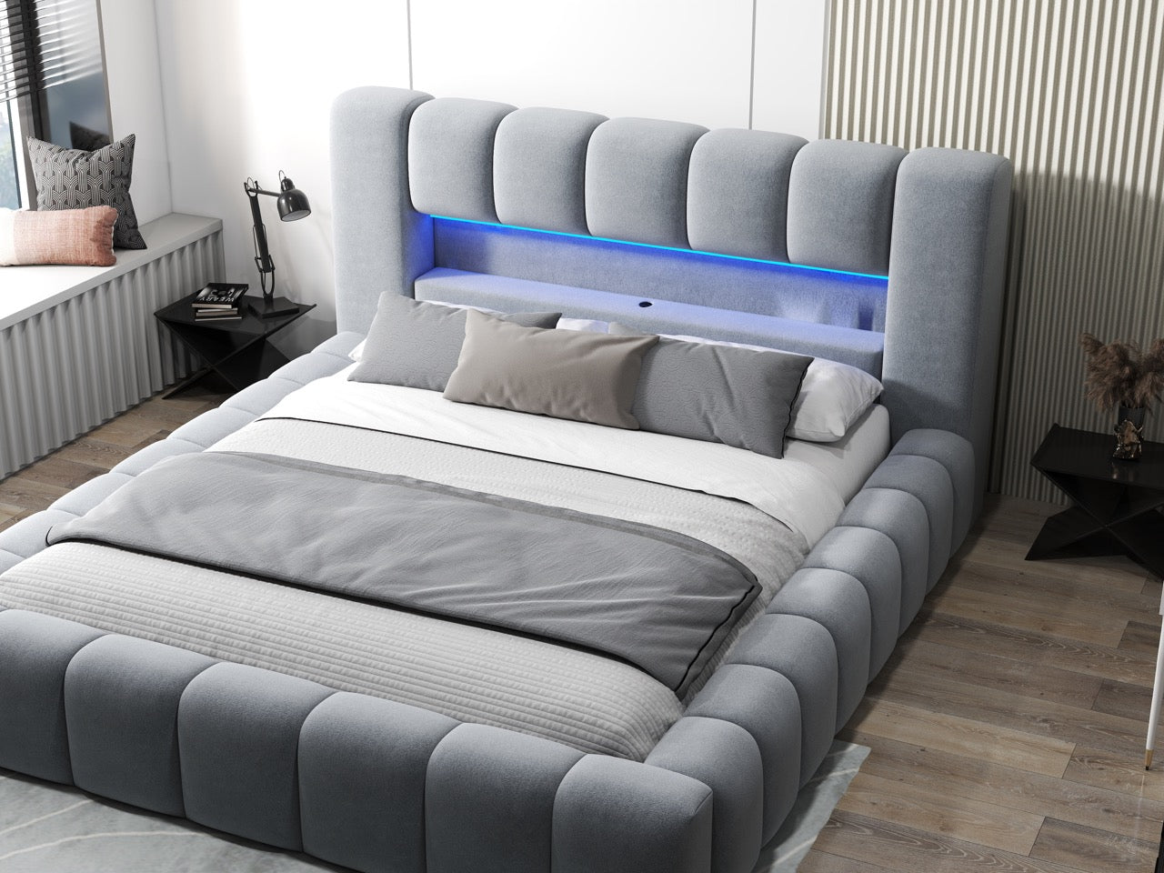 Pat dormitor dumonde, tapitat gri cu LED si USB, Palermo 160x200 cm, somiera rabatabila inclusa, spatiu depozitare WLS