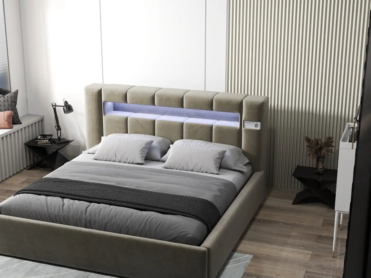 Pat dormitor dumonde, tapitat bej, Glow 160x200 cm, somiera rabatabila inclusa, spatiu depozitare WLS