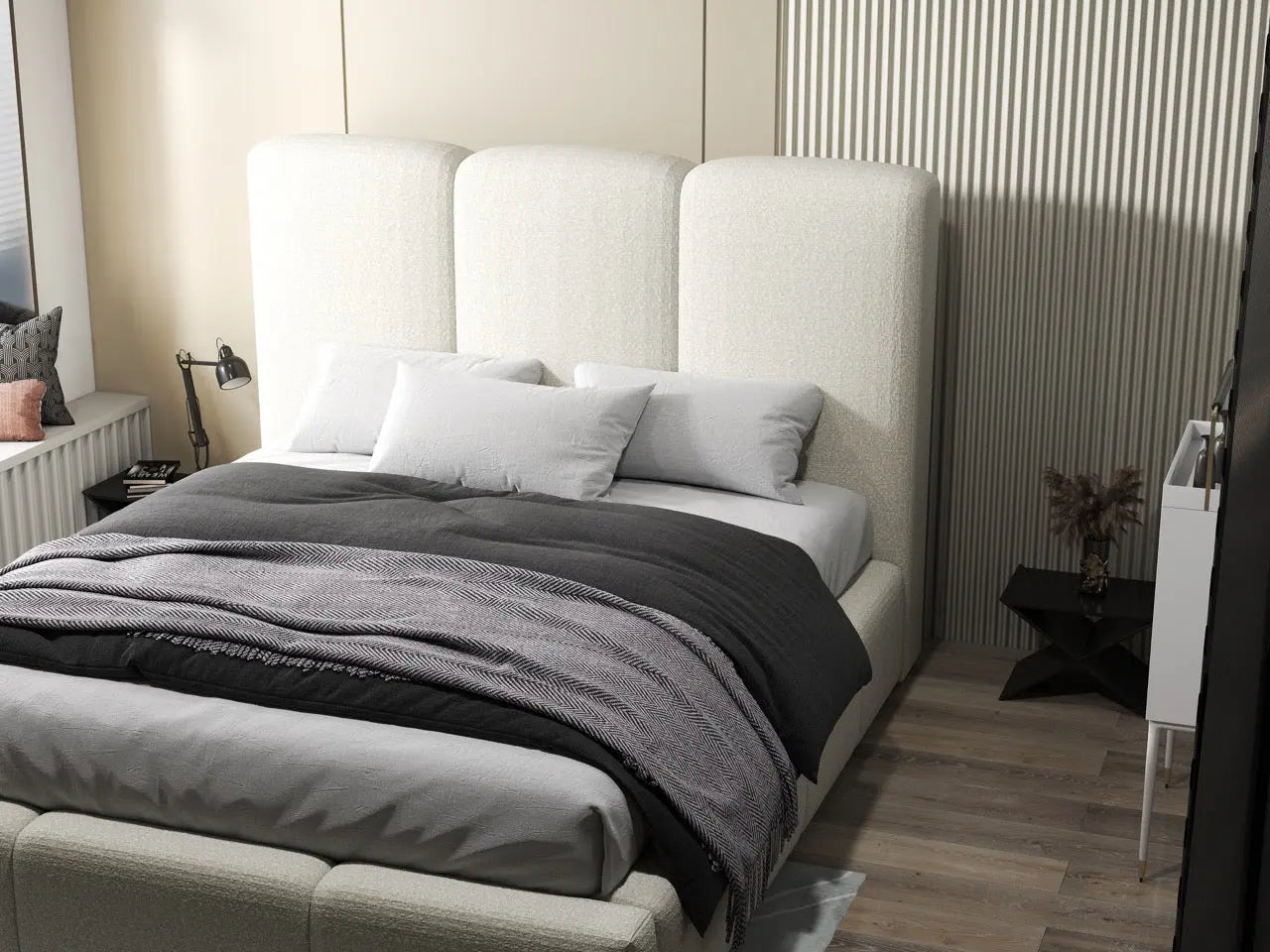 Pat dormitor dumonde, tapitat bej, Dinasty 180x200 cm, somiera rabatabila inclusa, spatiu depozitare WLS