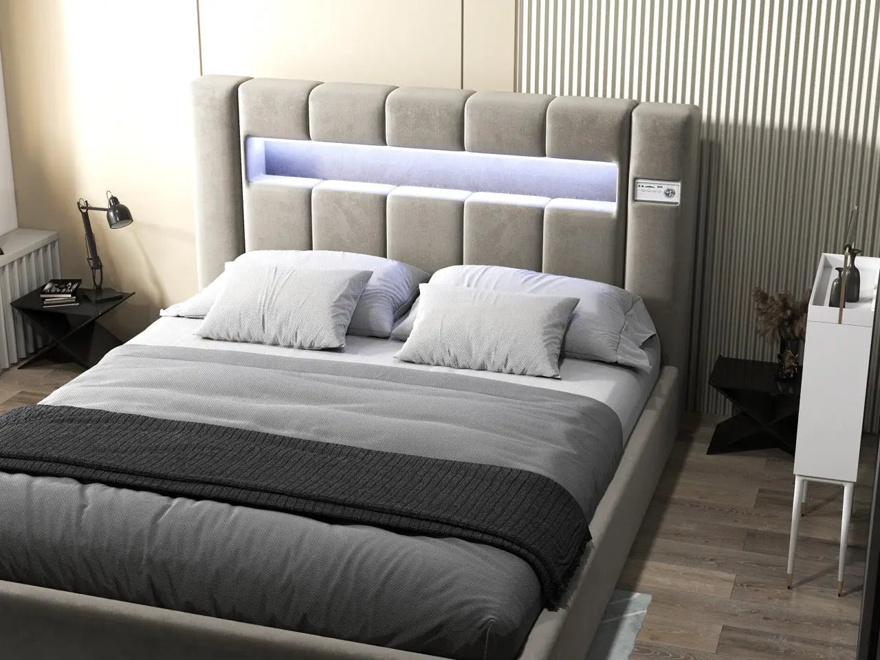 Pat dormitor dumonde, tapitat bej, Glow 180x200 cm, somiera rabatabila inclusa, spatiu depozitare WLS