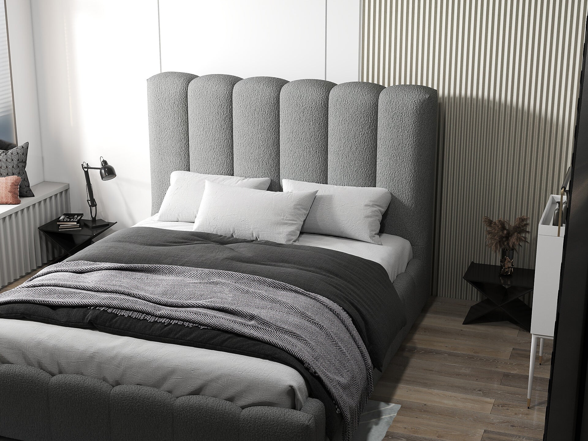 Pat dormitor dumonde, tapitat gri, Milano 140x200 cm, somiera rabatabila inclusa, spatiu depozitare