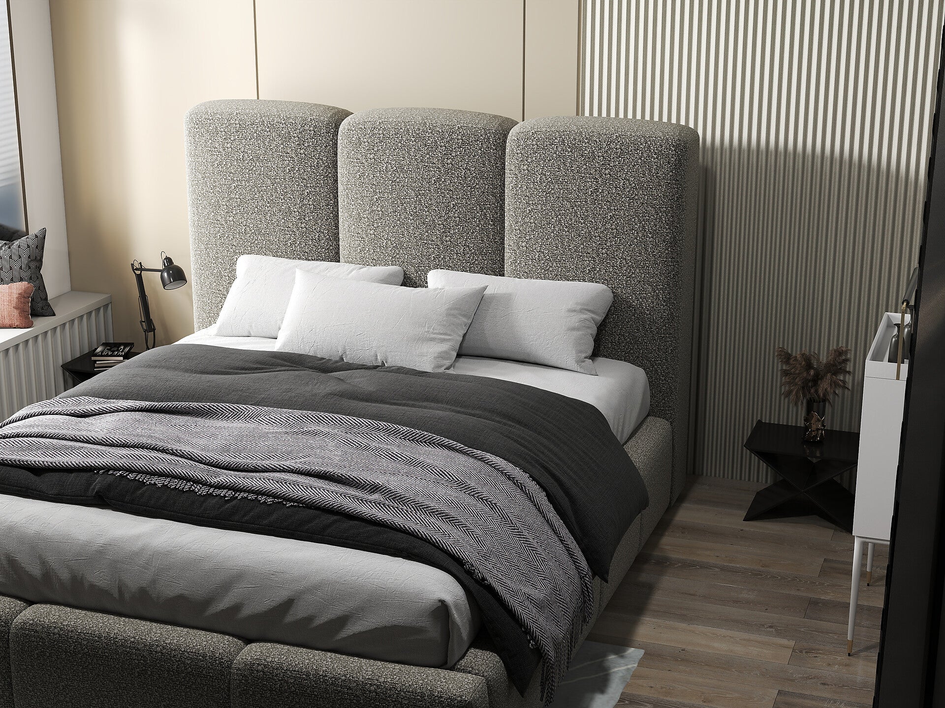 Pat dormitor dumonde, tapitat gri, Dinasty 160x200 cm, somiera rabatabila inclusa, spatiu depozitare