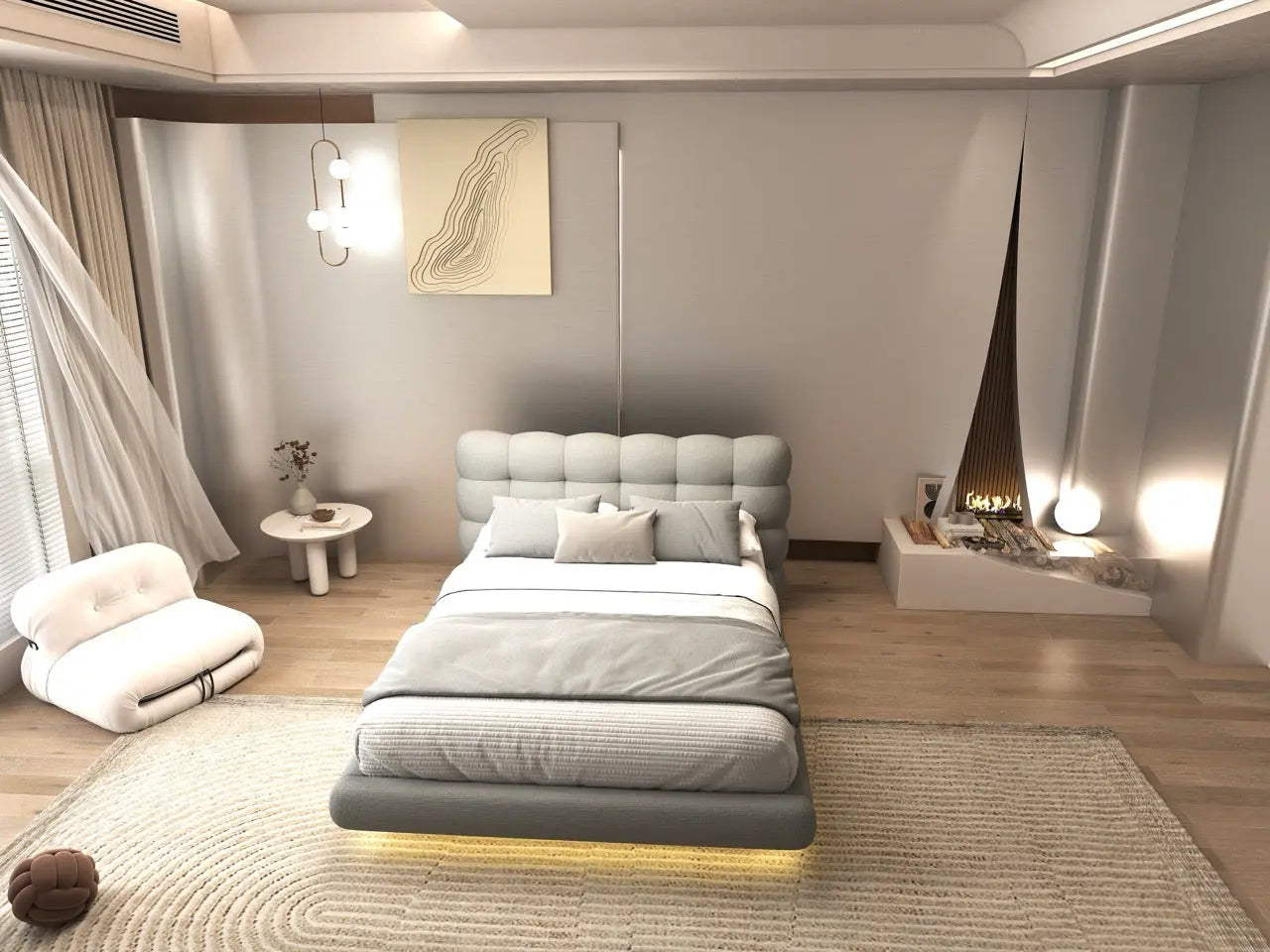 Pat dormitor dumonde, tapitat gri cu LED, "floating bed" Cloud 180x200 cm, somiera inclusa WLS