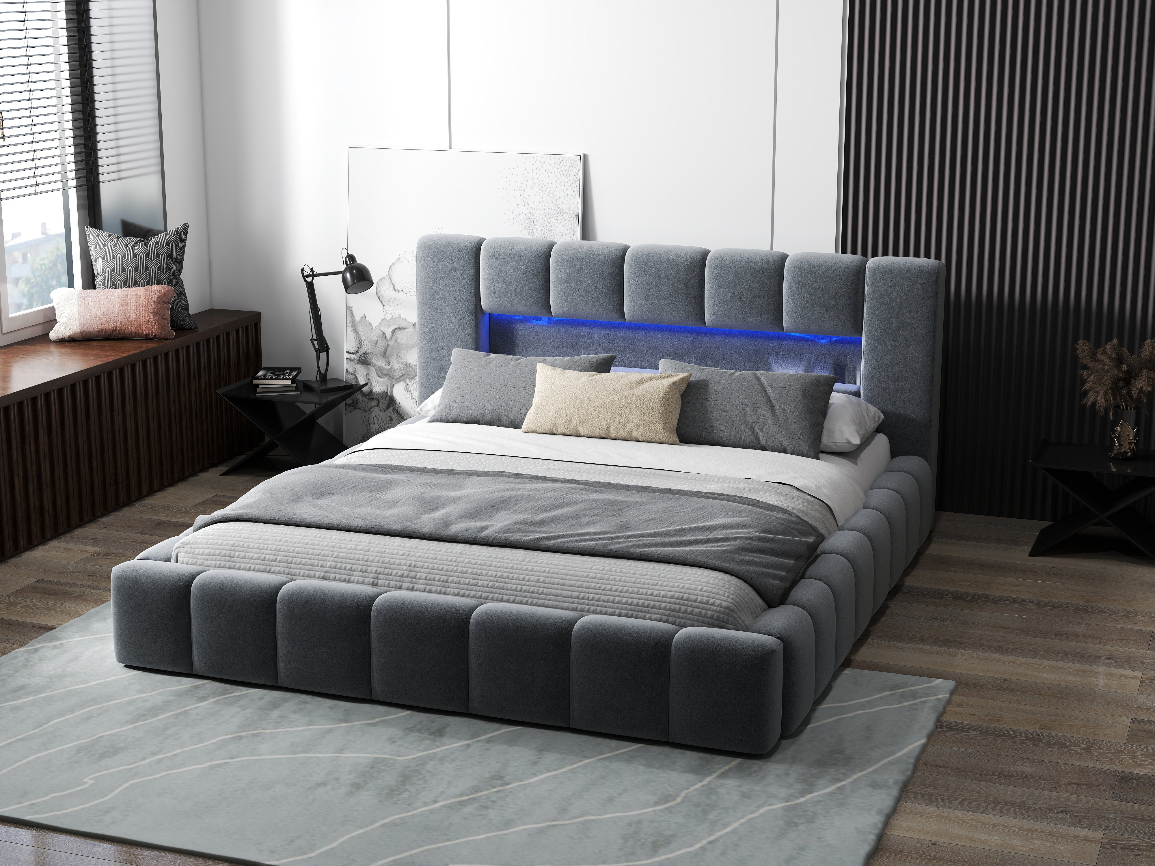 Pat dormitor dumonde, tapitat gri cu LED si USB, Palermo 180x200 cm, somiera rabatabila inclusa, spatiu depozitare WLS