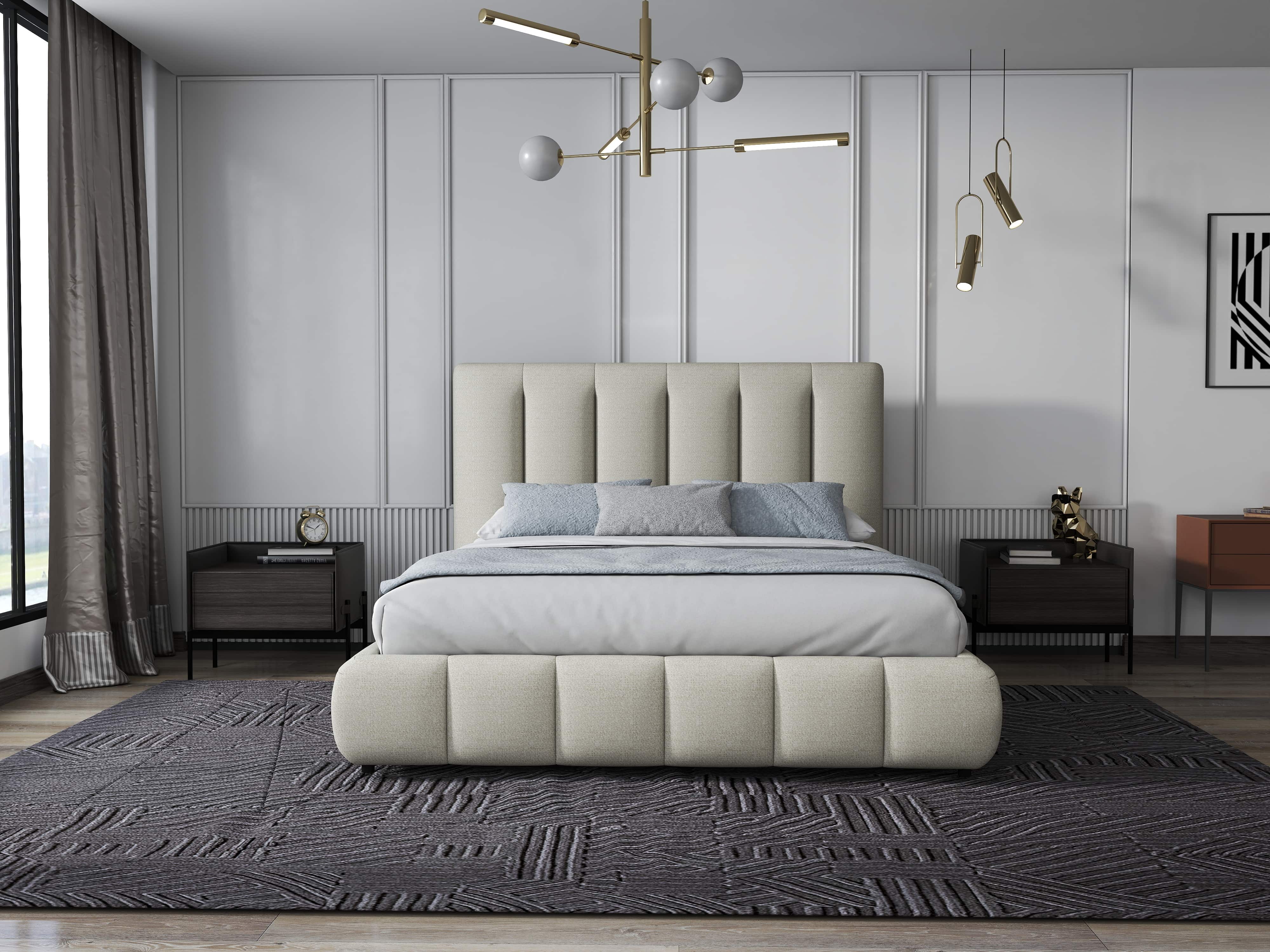 Pat dormitor dumonde, tapitat gri, Divaneo 160x200 cm, somiera rabatabila inclusa, spatiu depozitare