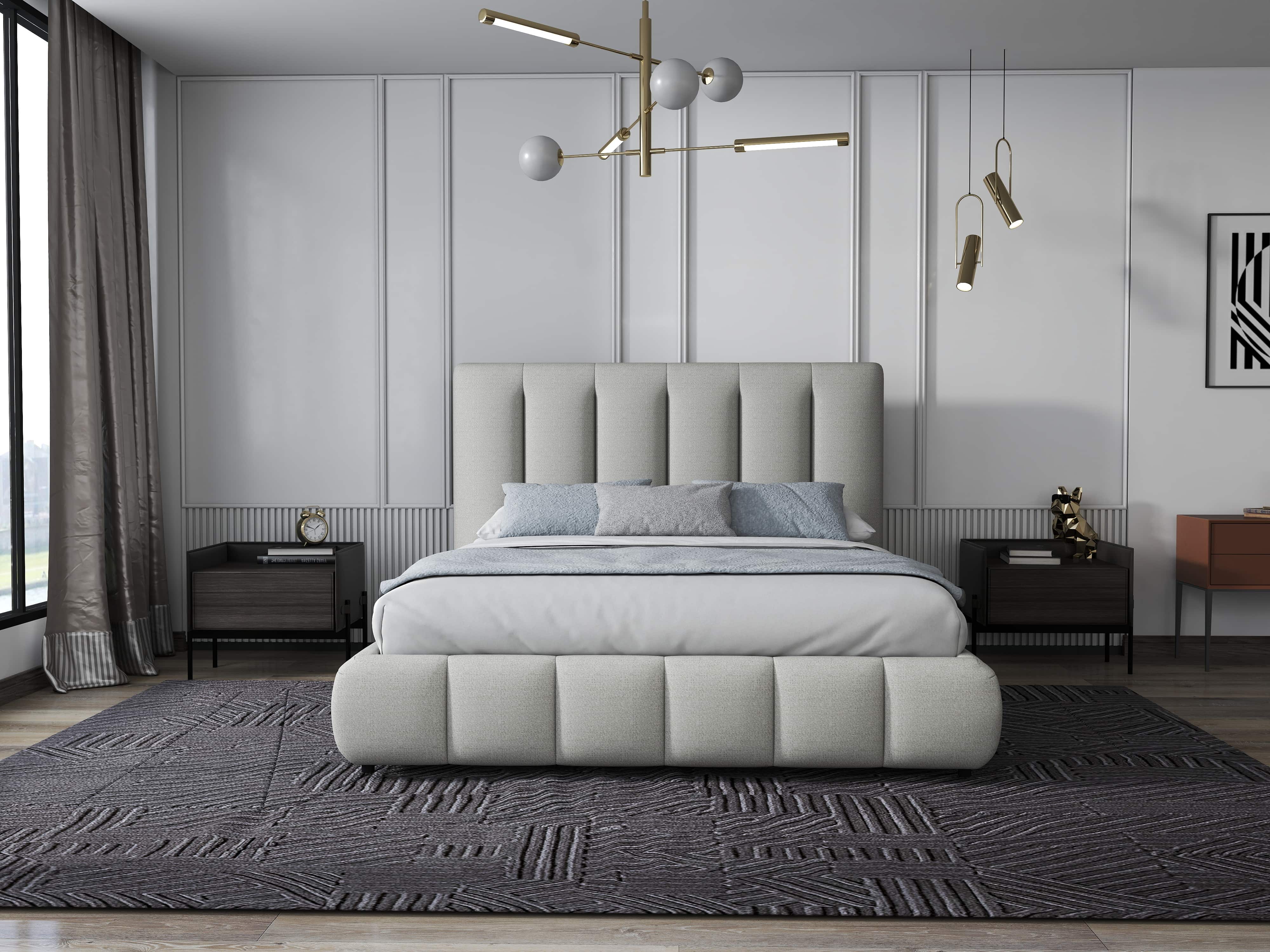 Pat dormitor dumonde, tapitat gri, Divaneo 160x200 cm, somiera rabatabila inclusa, spatiu depozitare