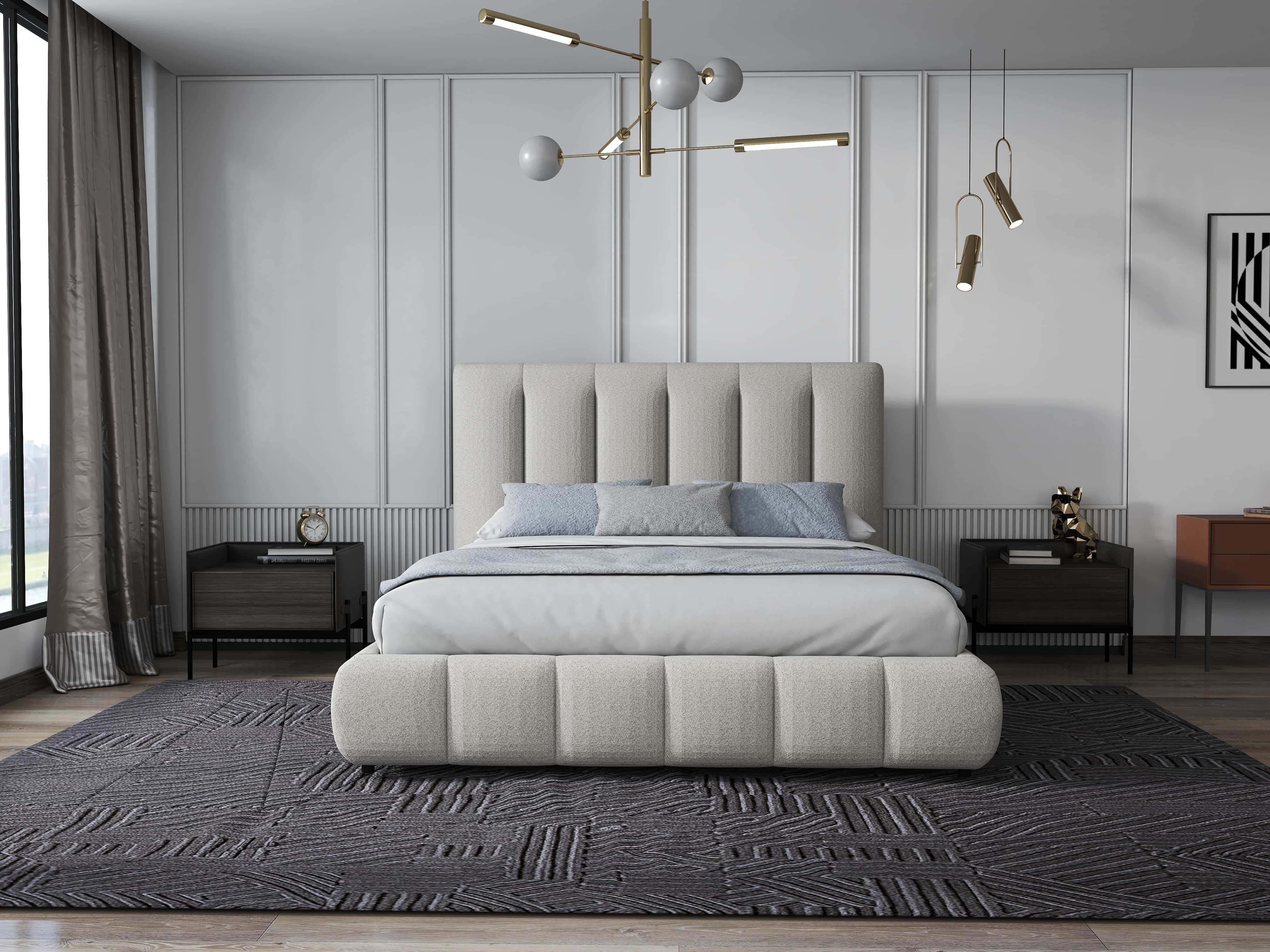 Pat dormitor dumonde, tapitat gri, Divaneo 180x200 cm, somiera rabatabila inclusa, spatiu depozitare