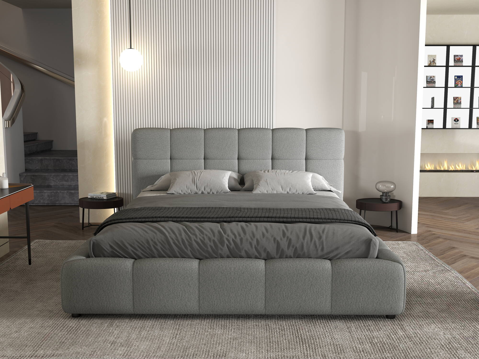 Pat dormitor dumonde, tapitat gri, Lorenzo 180X200 cm, somiera rabatabila inclusa, spatiu depozitare