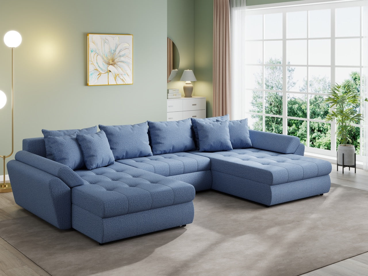 Colțar extensibil  dumonde cu ladă de depozitare si sezut confortabil din spuma HR, Loana U Enjoy Blue 355x185 cm