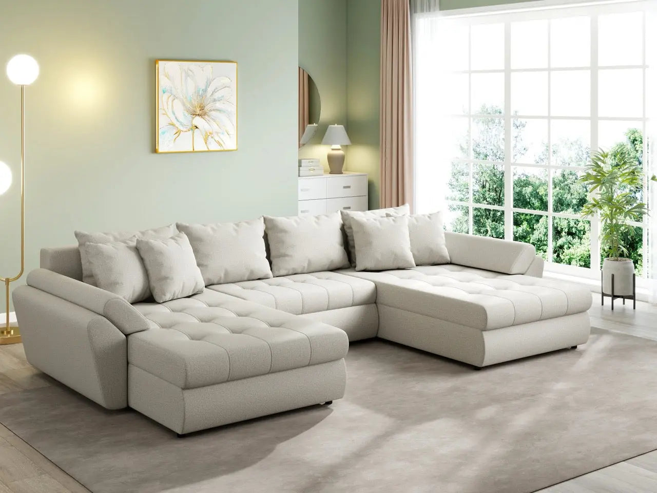 Colțar extensibil dumonde cu ladă de depozitare si sezut confortabil din spuma HR, Loana U Enjoy Bej 355x185 cm Fabrica