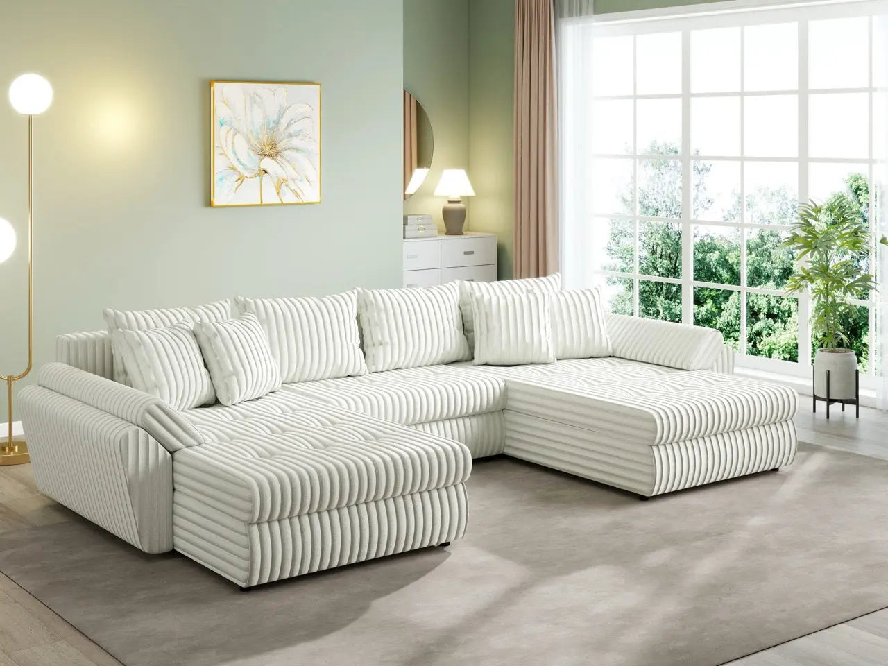 Colțar extensibil dumonde cu ladă de depozitare si sezut confortabil din spuma HR, Loana U Ambience Ivory 355x185 cm Fabrica