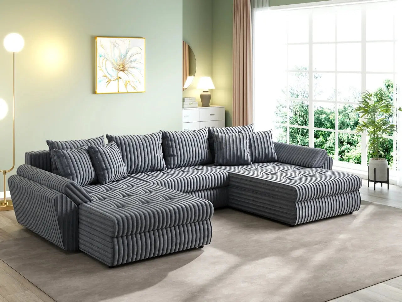 Colțar extensibil dumonde cu ladă de depozitare si sezut confortabil din spuma HR, Loana U Ambience Grey 355x185 cm Fabrica