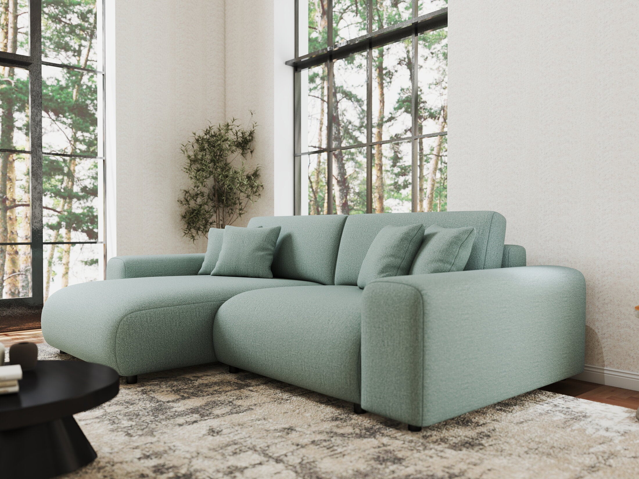 Colțar extensibil dumonde cu ladă de depozitare si sezut confortabil din spuma HR, Sarina Enjoy Verde Mint 255x168 cm