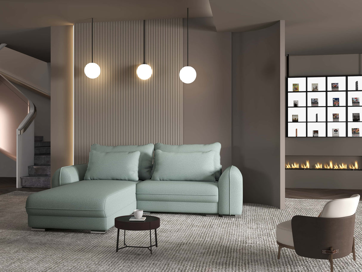 Colțar extensibil dumonde cu ladă de depozitare si sezut confortabil din spuma HR, Denver Enjoy Verde Mint 275x185 cm Fabrica