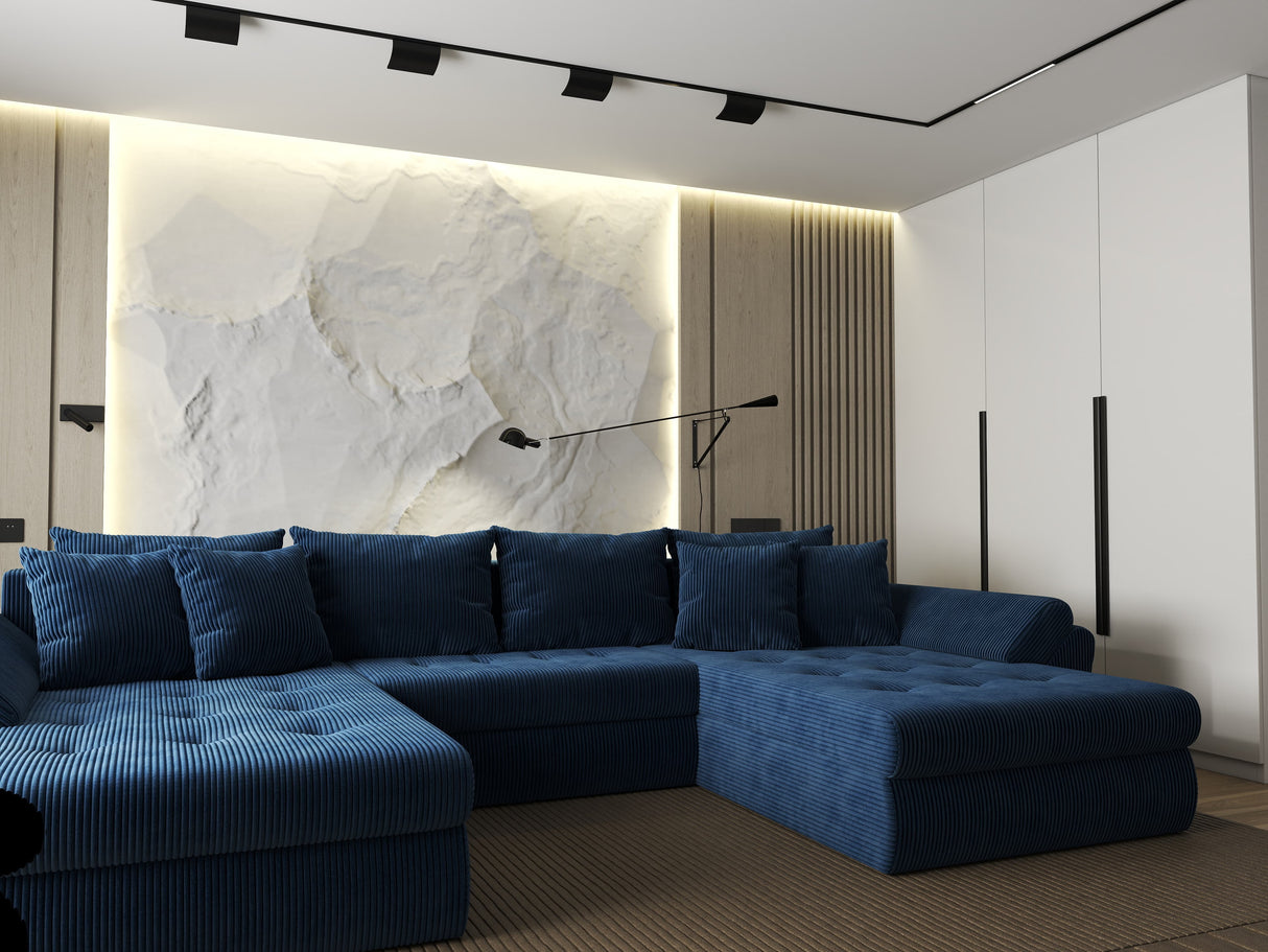 Colțar extensibil dumonde cu ladă de depozitare si sezut confortabil din spuma HR, Loana U Bleumarin Zoom 355x185 cm Fabrica
