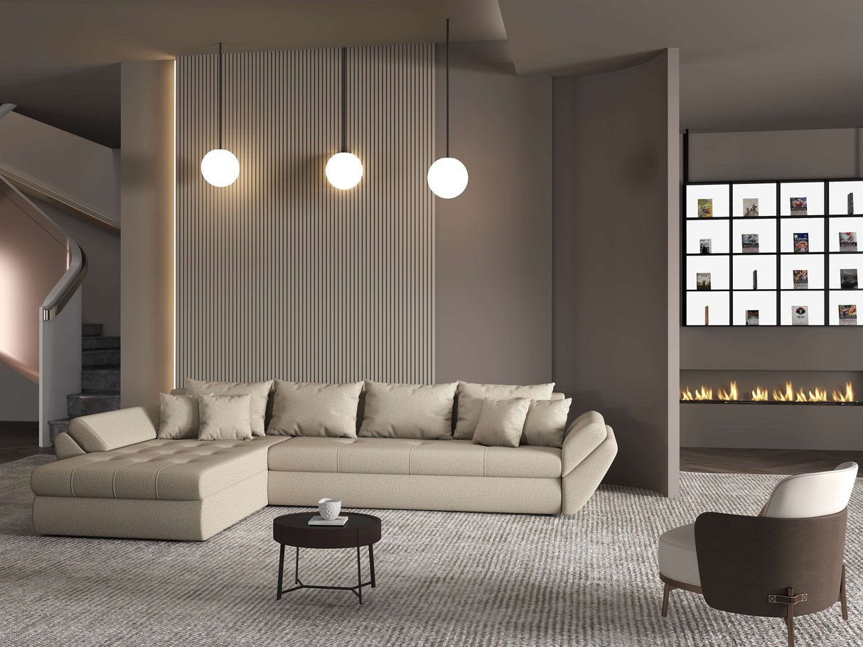 Colțar extensibil dumonde cu ladă de depozitare si sezut confortabil din spuma HR, Loana XL Enjoy Bej 335x185 cm Fabrica