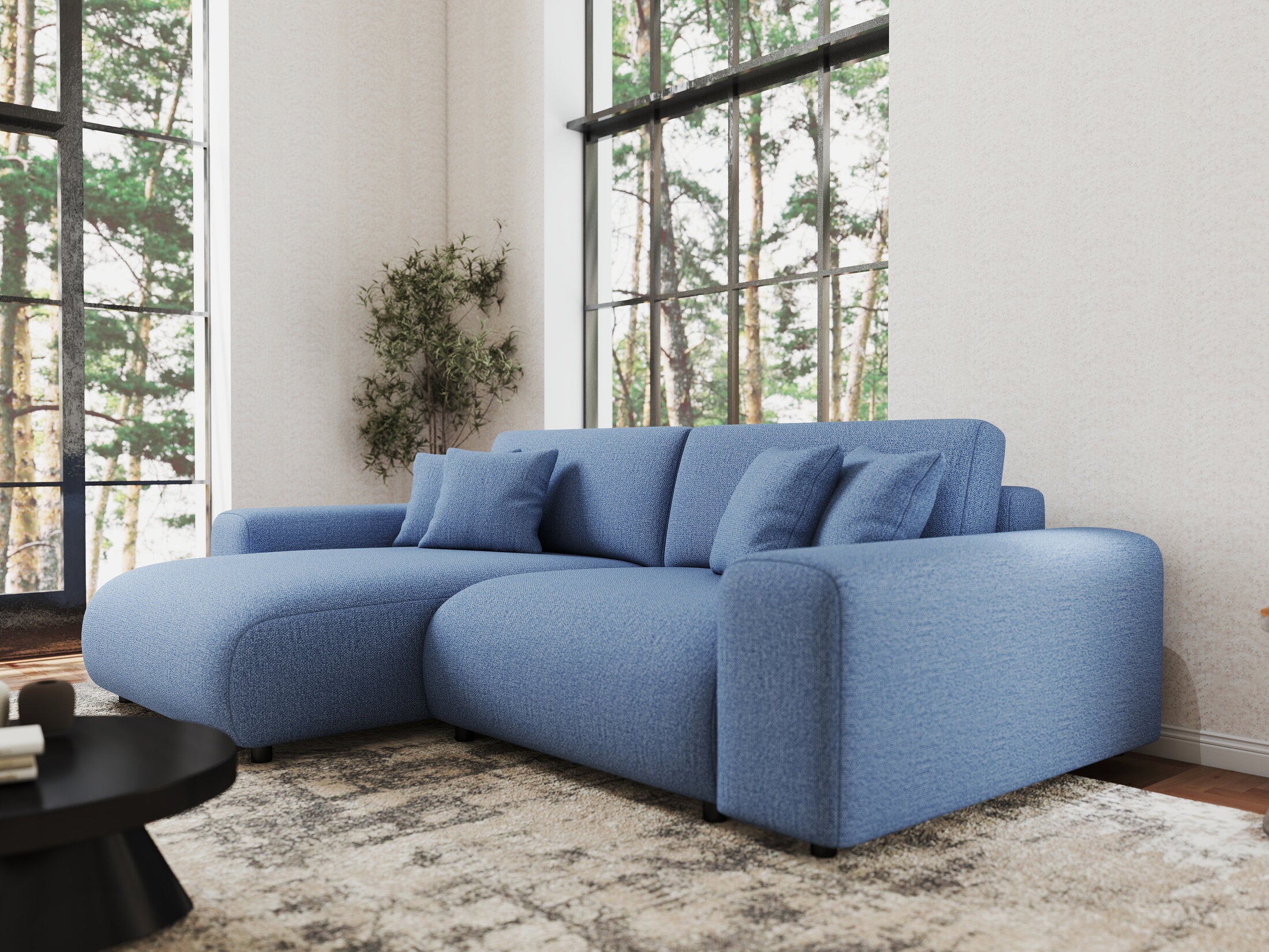 Colțar extensibil dumonde cu ladă de depozitare si sezut confortabil din spuma HR, Sarina Enjoy Albastru 255x168 cm