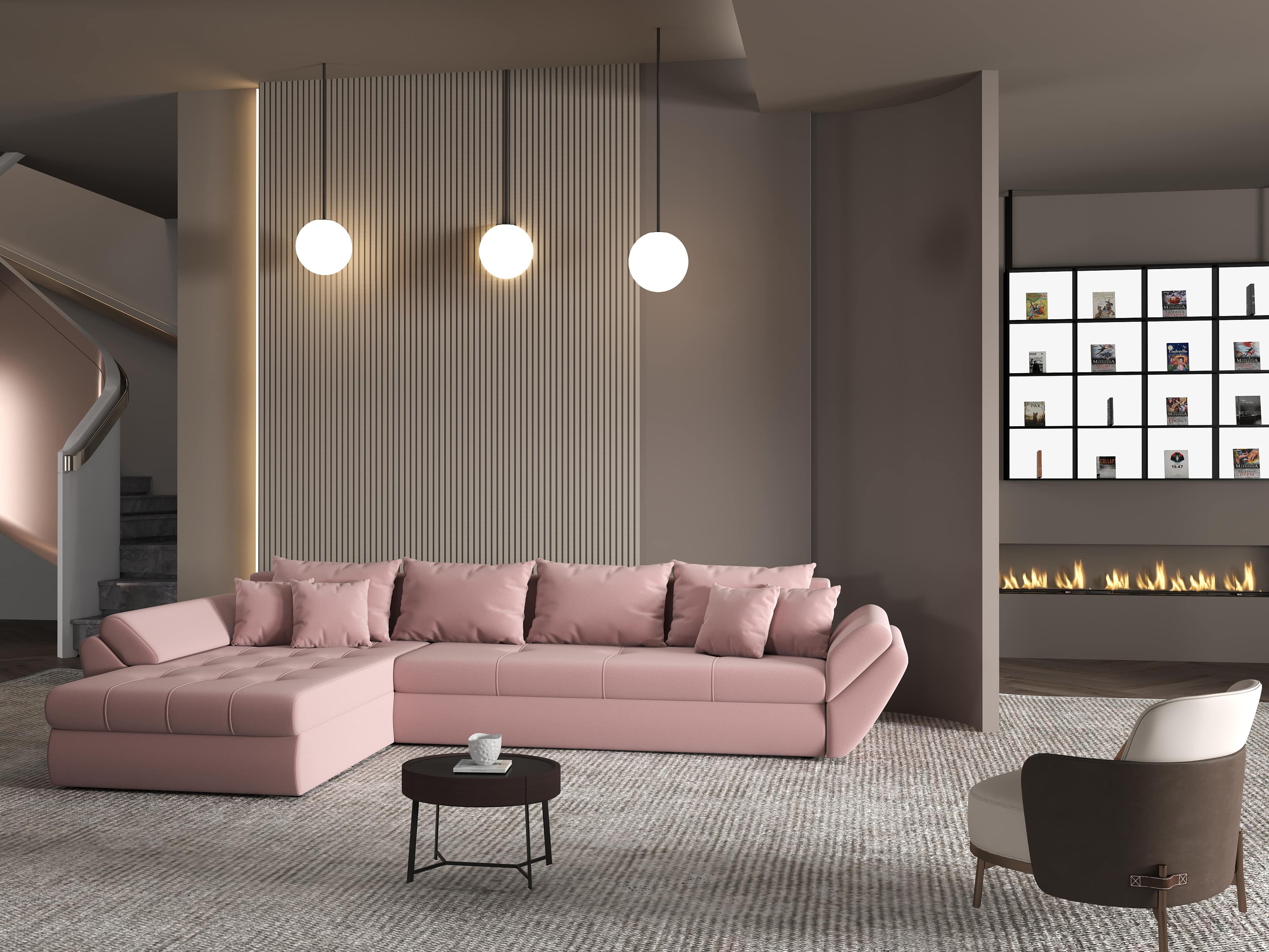 Colțar extensibil dumonde cu ladă de depozitare si sezut confortabil din spuma HR, Loana XL Royal Roz 335x185 cm Fabrica