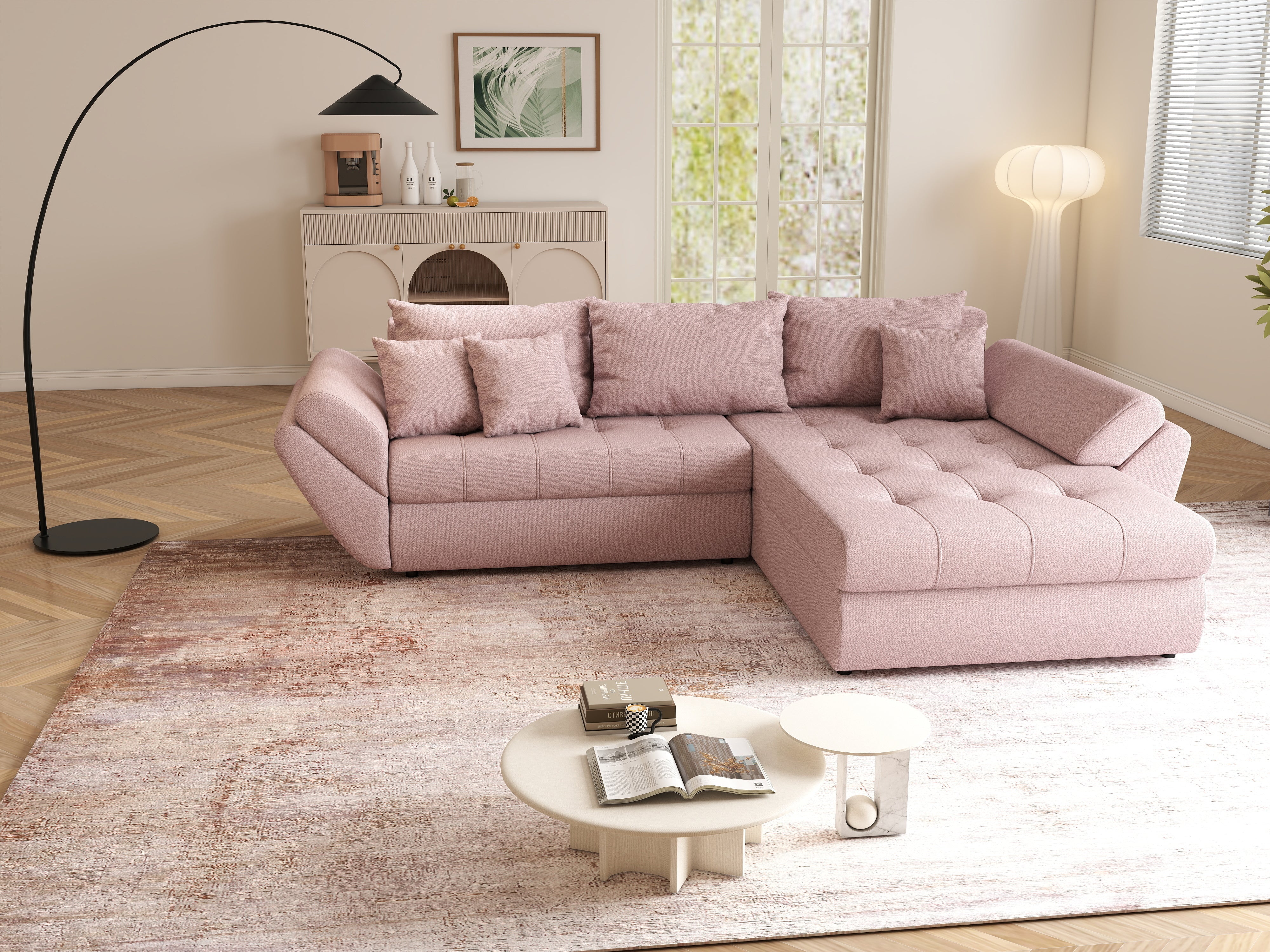 Colțar extensibil dumonde cu ladă de depozitare si sezut confortabil din spuma HR, Loana Roz II 270x185 cm Fabrica