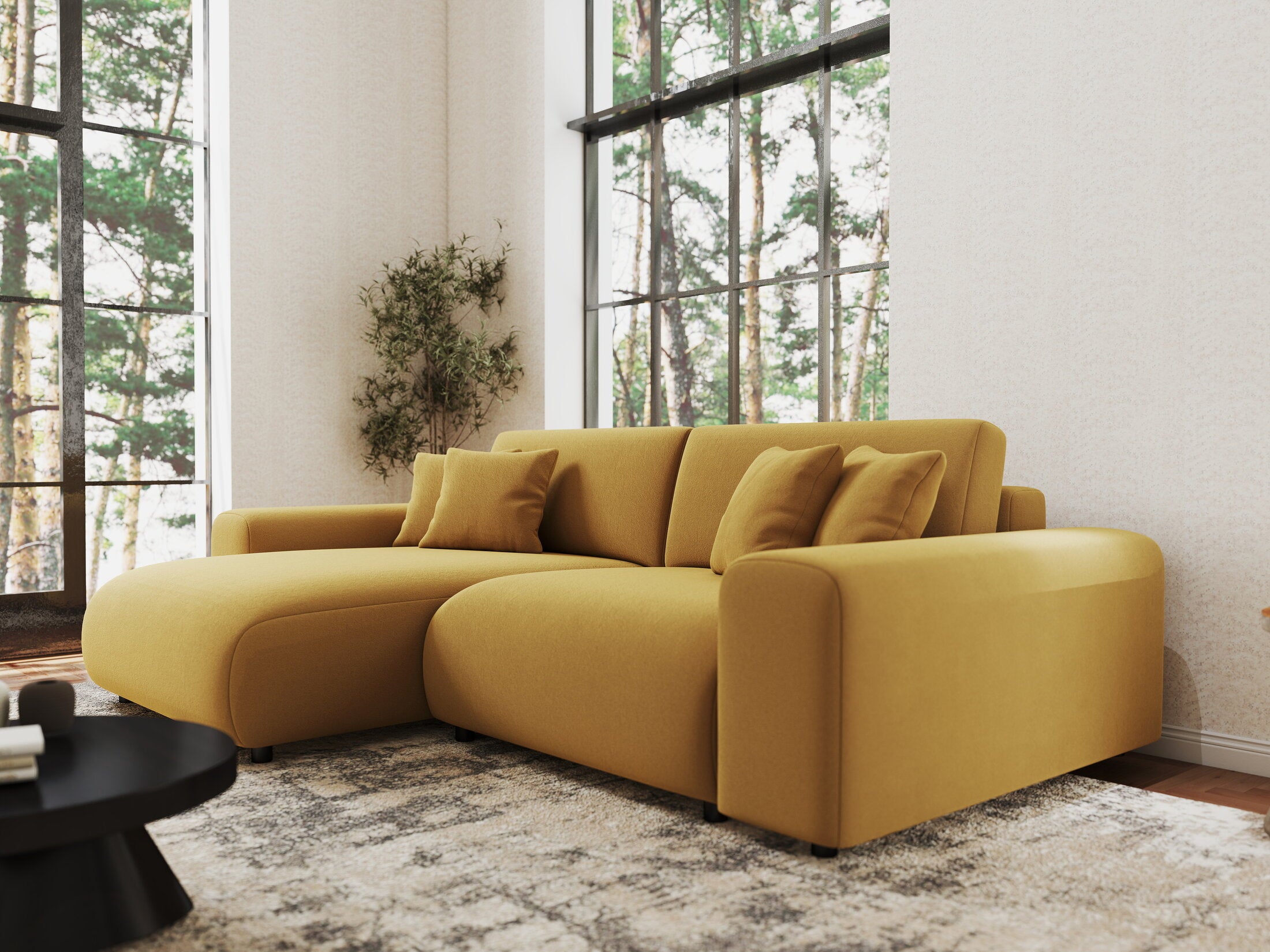 Colțar extensibil dumonde cu ladă de depozitare si sezut confortabil din spuma HR, Sarina Royal Mustar 255x168 cm