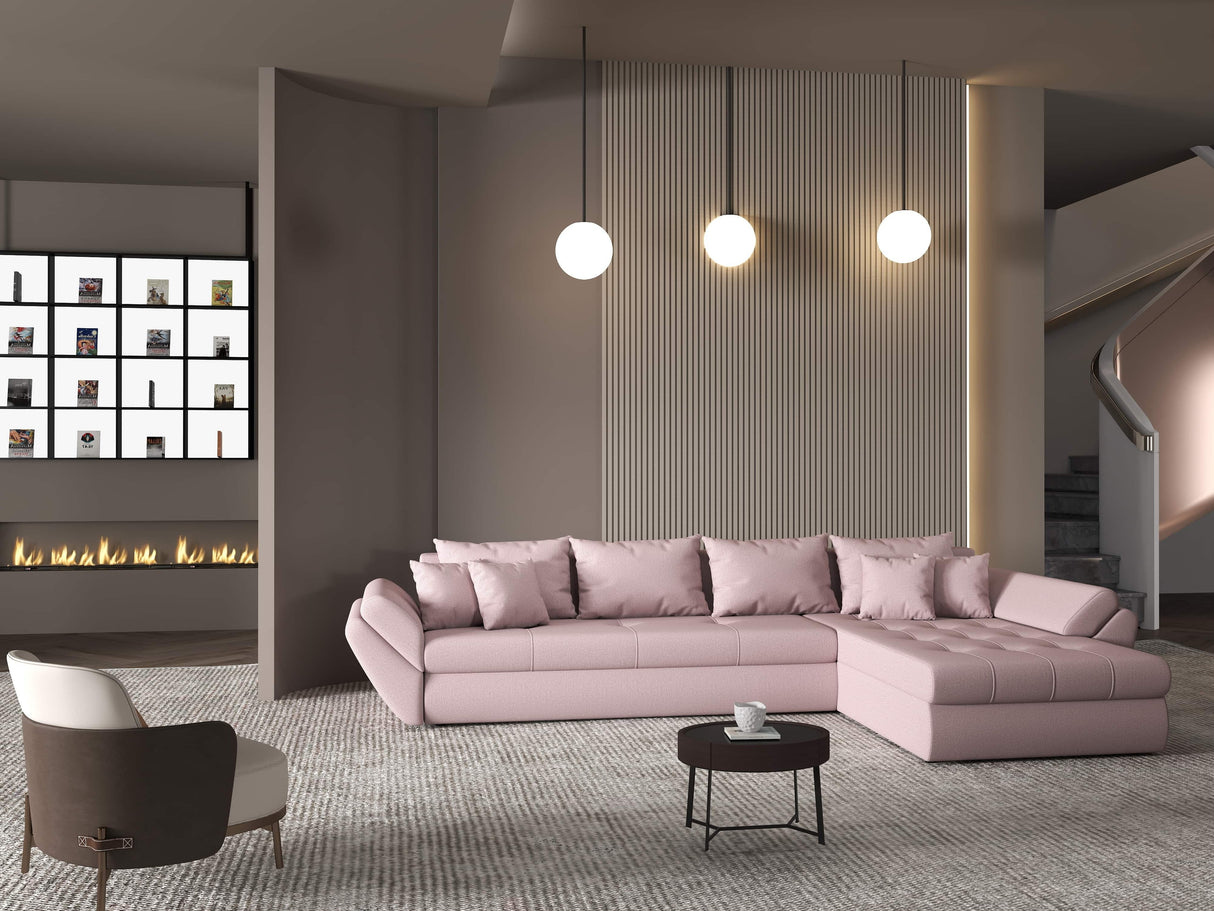 Colțar extensibil dumonde cu ladă de depozitare si sezut confortabil din spuma HR, Loana XL Enjoy Roz II 335x185 cm Fabrica